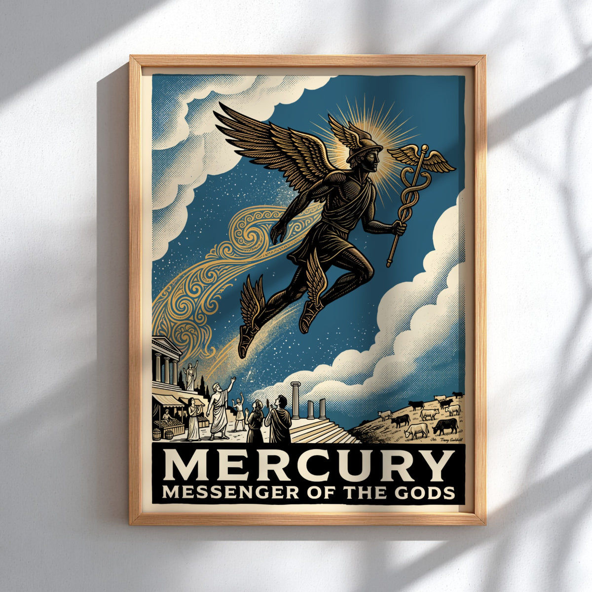 Poster featuring Mercury flying with a caduceus above ancient ruins in blue tones.