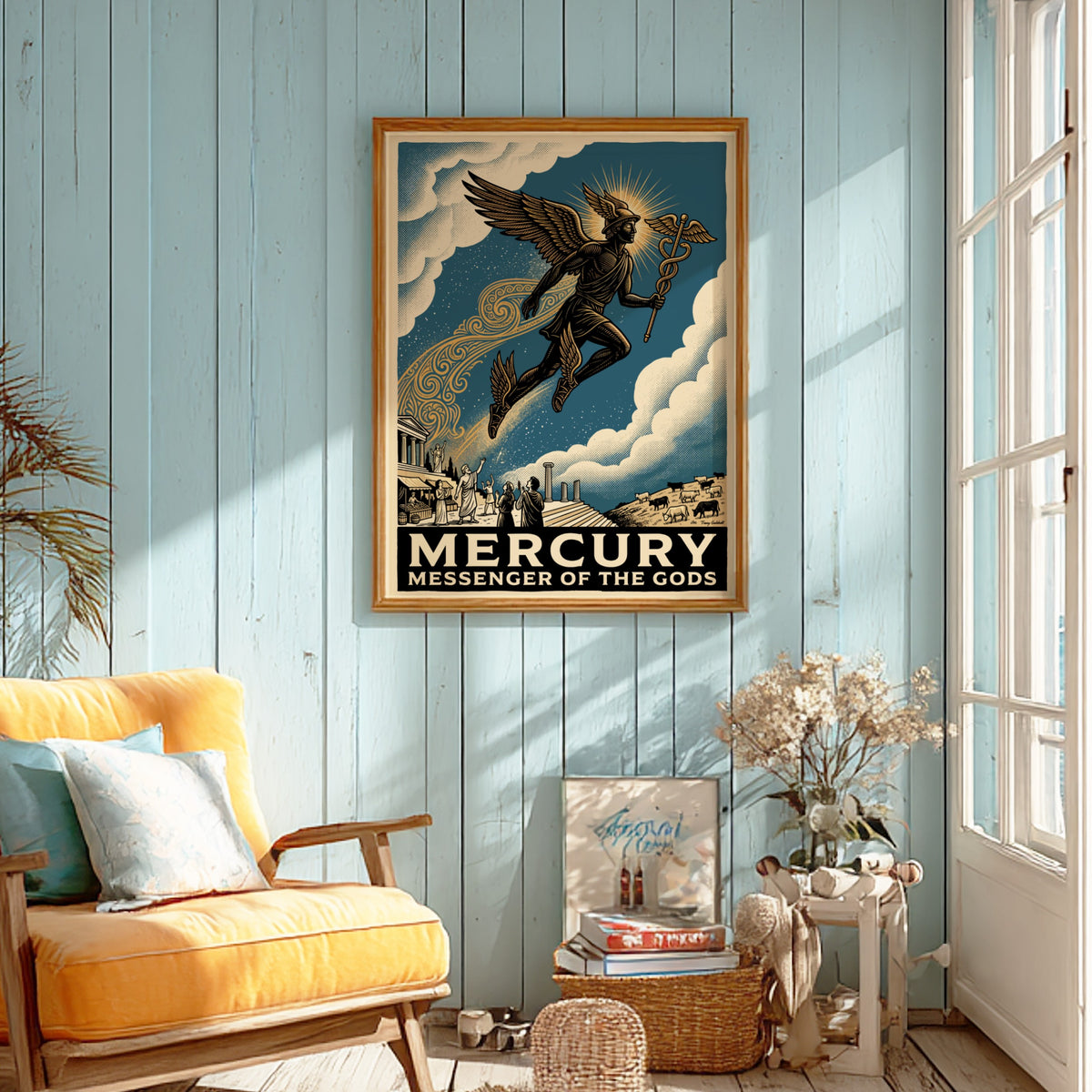 Poster featuring Mercury flying with a caduceus above ancient ruins in blue tones.