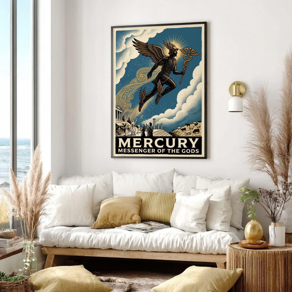 Poster featuring Mercury flying with a caduceus above ancient ruins in blue tones.