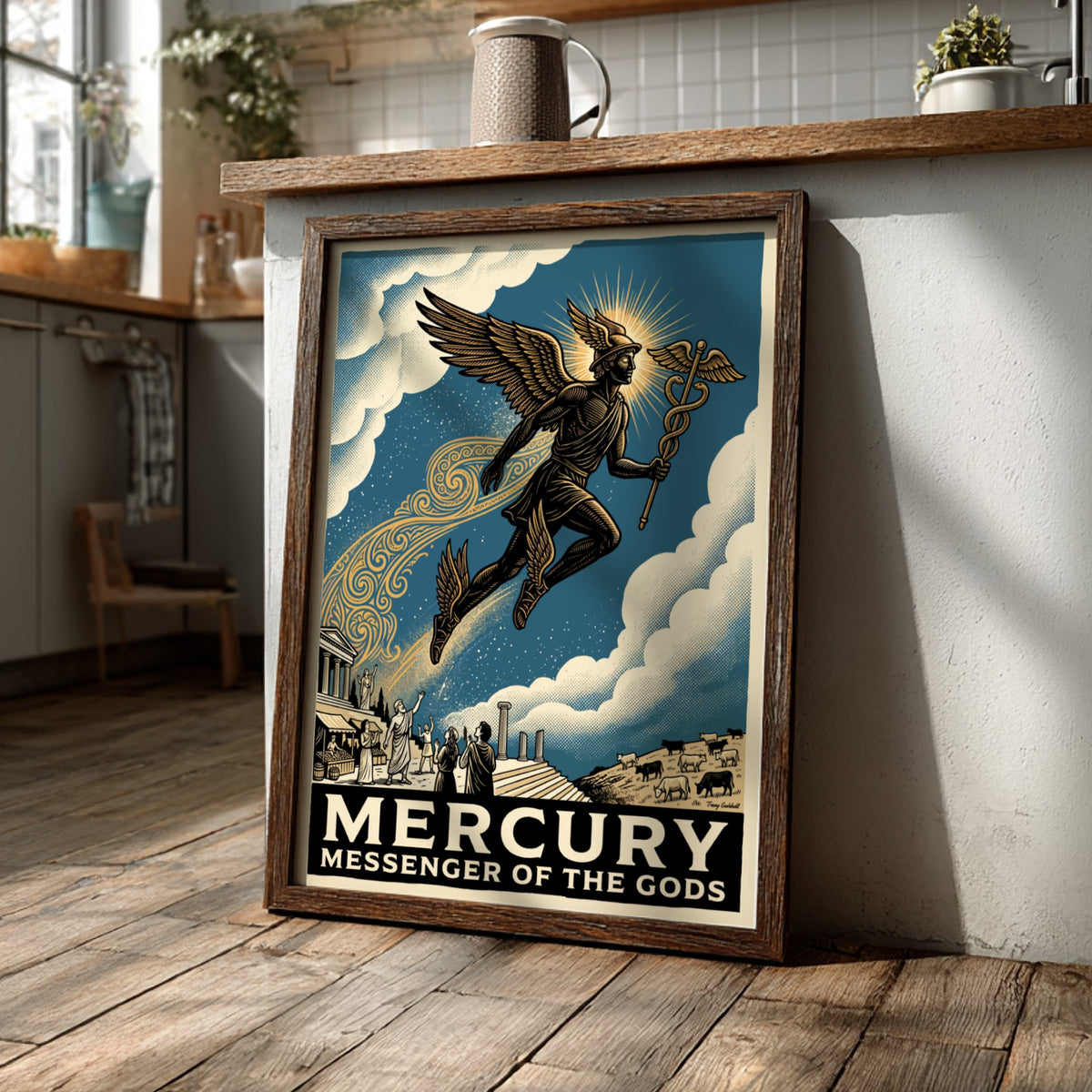 Poster featuring Mercury flying with a caduceus above ancient ruins in blue tones.