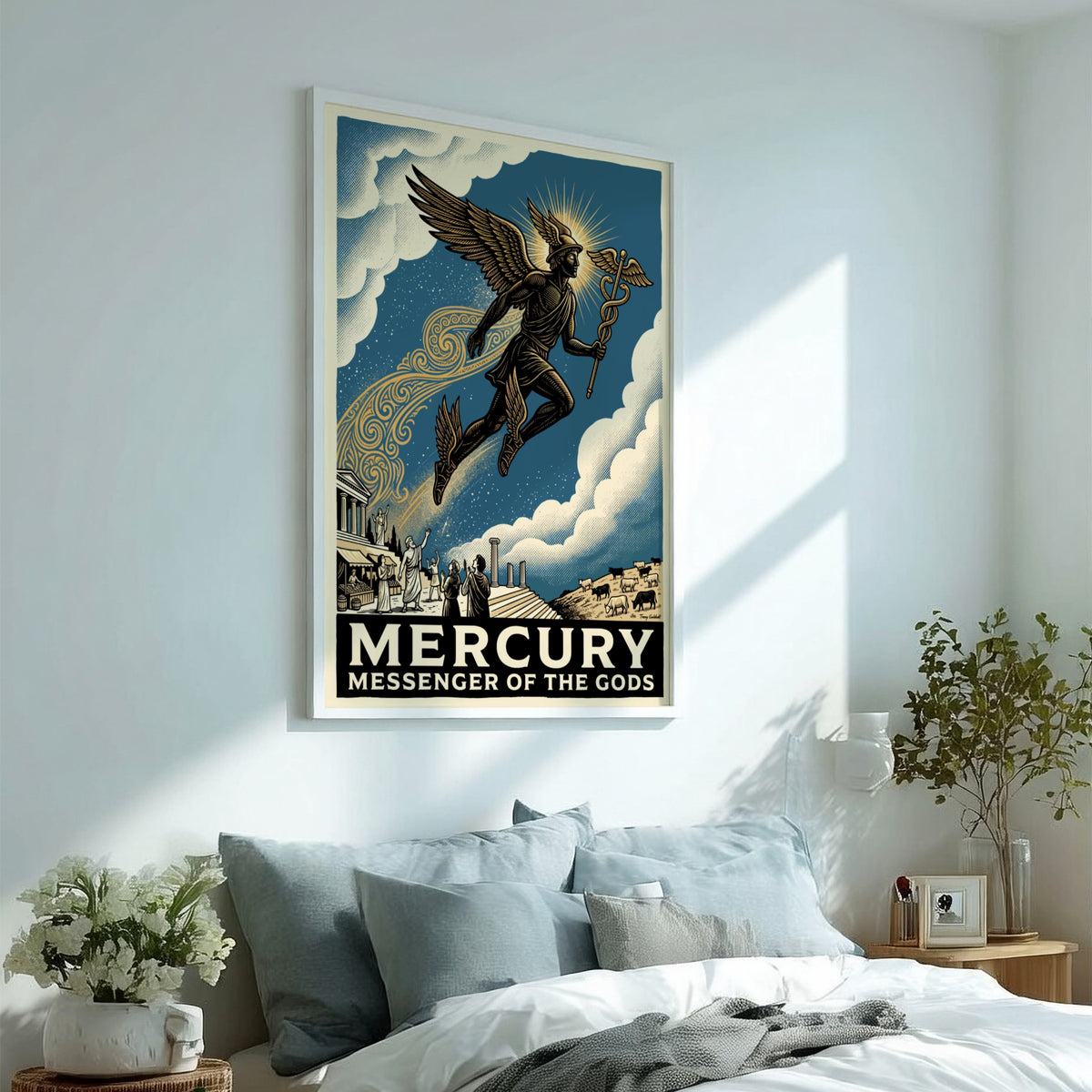 Poster featuring Mercury flying with a caduceus above ancient ruins in blue tones.