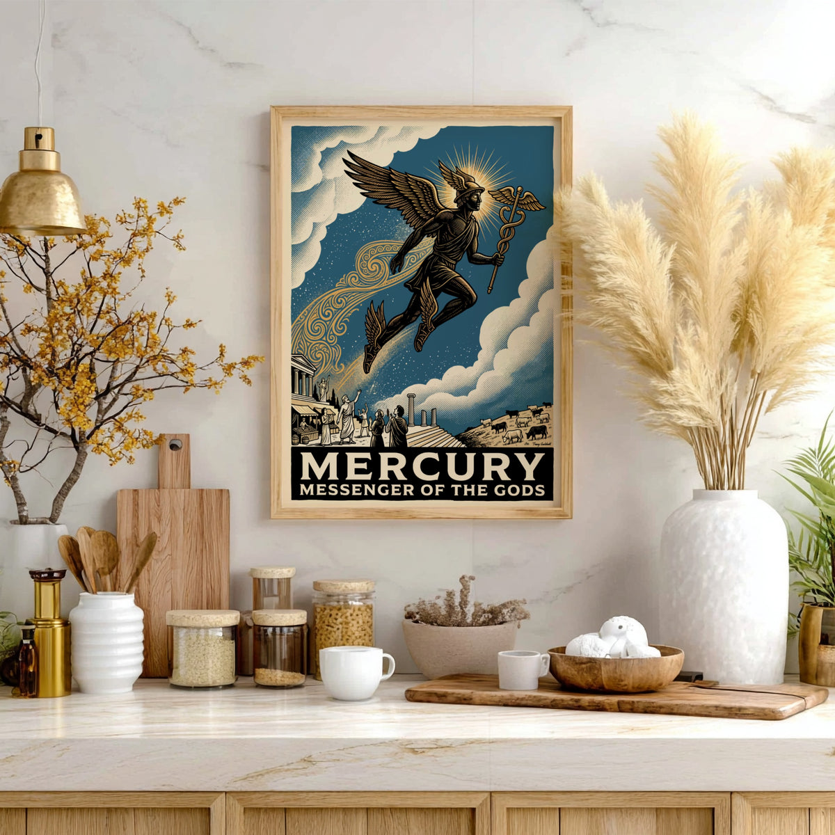 Poster featuring Mercury flying with a caduceus above ancient ruins in blue tones.