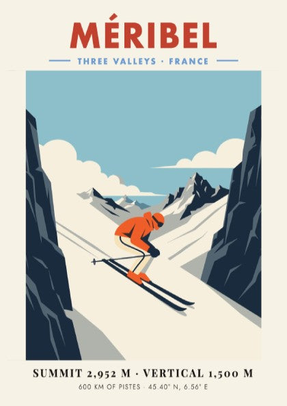 Méribel ski resort poster featuring a skier on slopes with a vintage style and bold colors