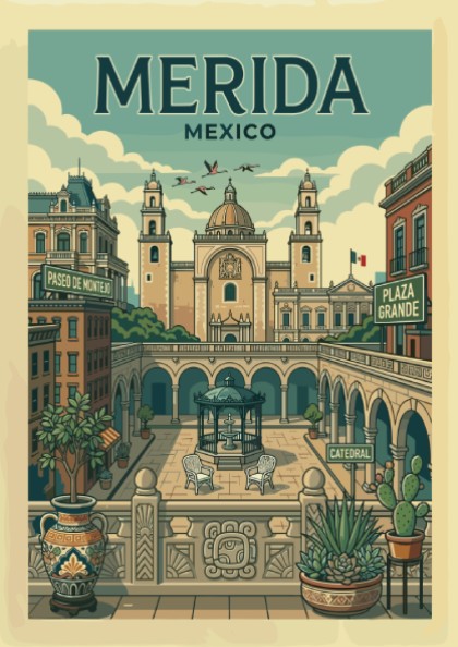 Merida travel poster featuring the cathedral and Plaza Grande in a vintage illustration style with a soft