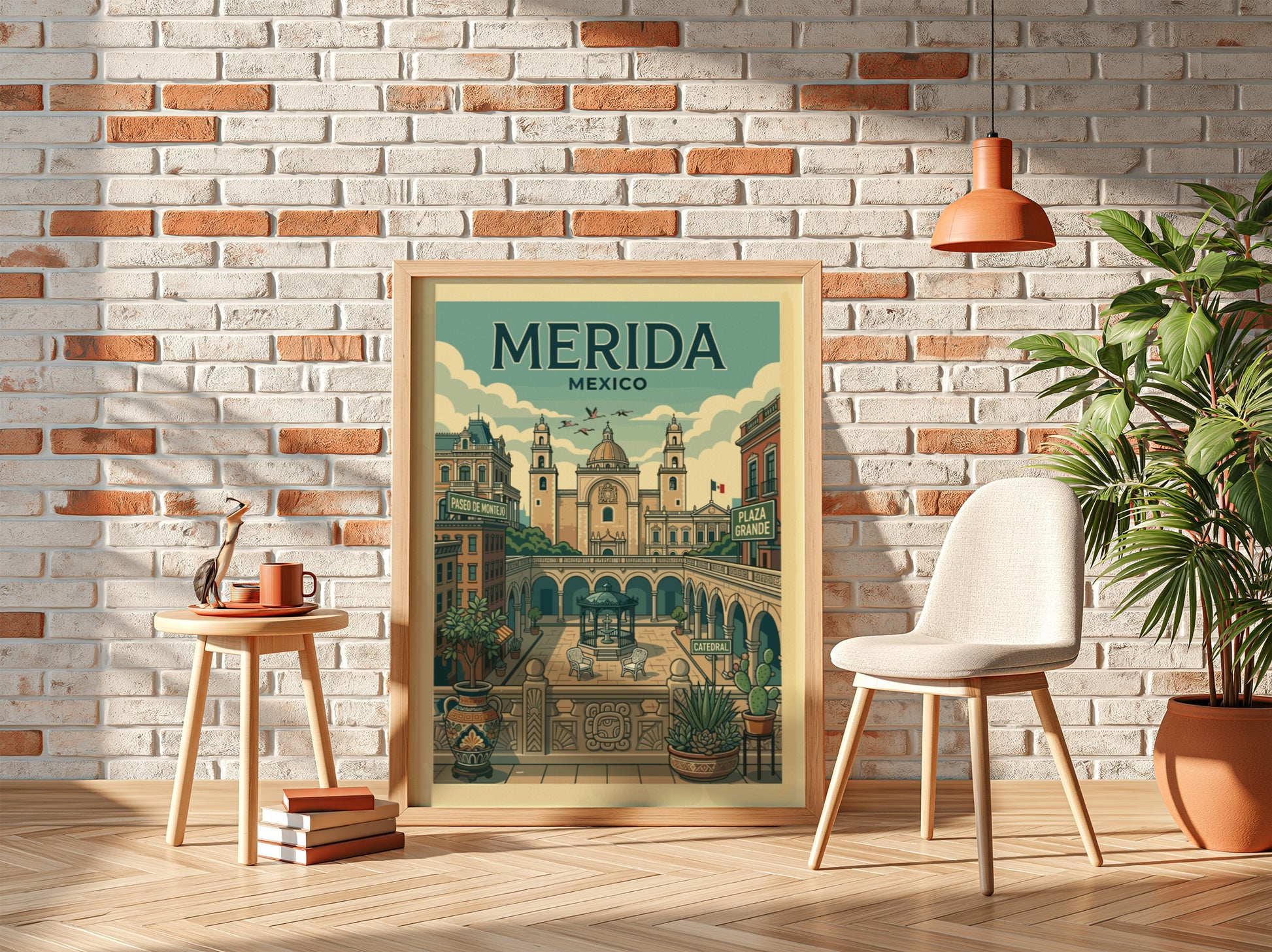 Merida travel poster featuring the cathedral and Plaza Grande in a vintage illustration style with a soft