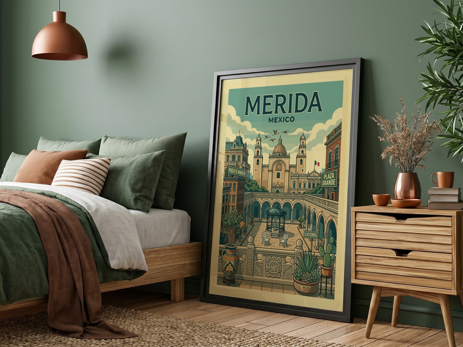 Merida travel poster featuring the cathedral and Plaza Grande in a vintage illustration style with a soft