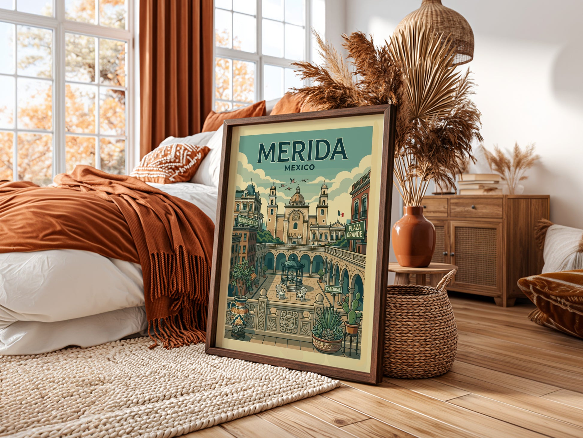 Merida travel poster featuring the cathedral and Plaza Grande in a vintage illustration style with a soft