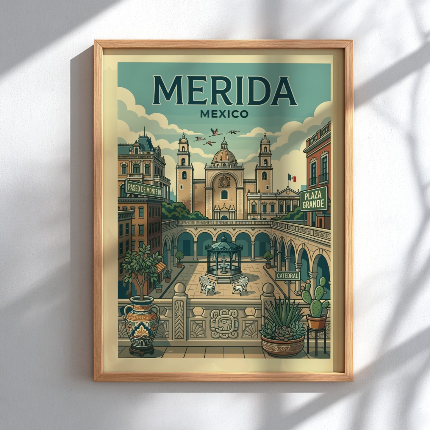 Merida travel poster featuring the cathedral and Plaza Grande in a vintage illustration style with a soft