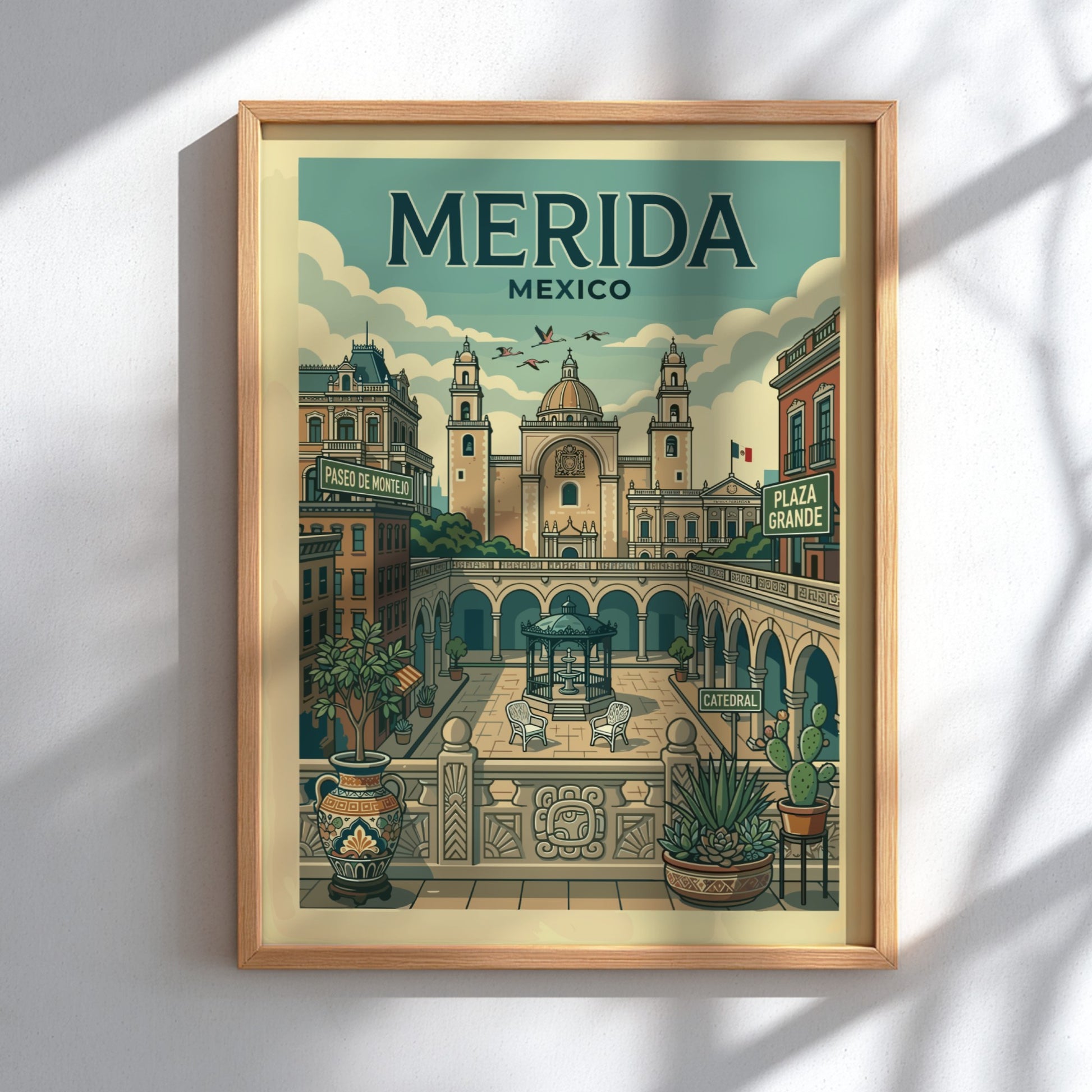 Merida travel poster featuring the cathedral and Plaza Grande in a vintage illustration style with a soft