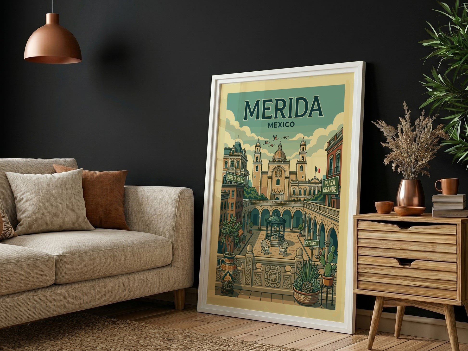 Merida travel poster featuring the cathedral and Plaza Grande in a vintage illustration style with a soft