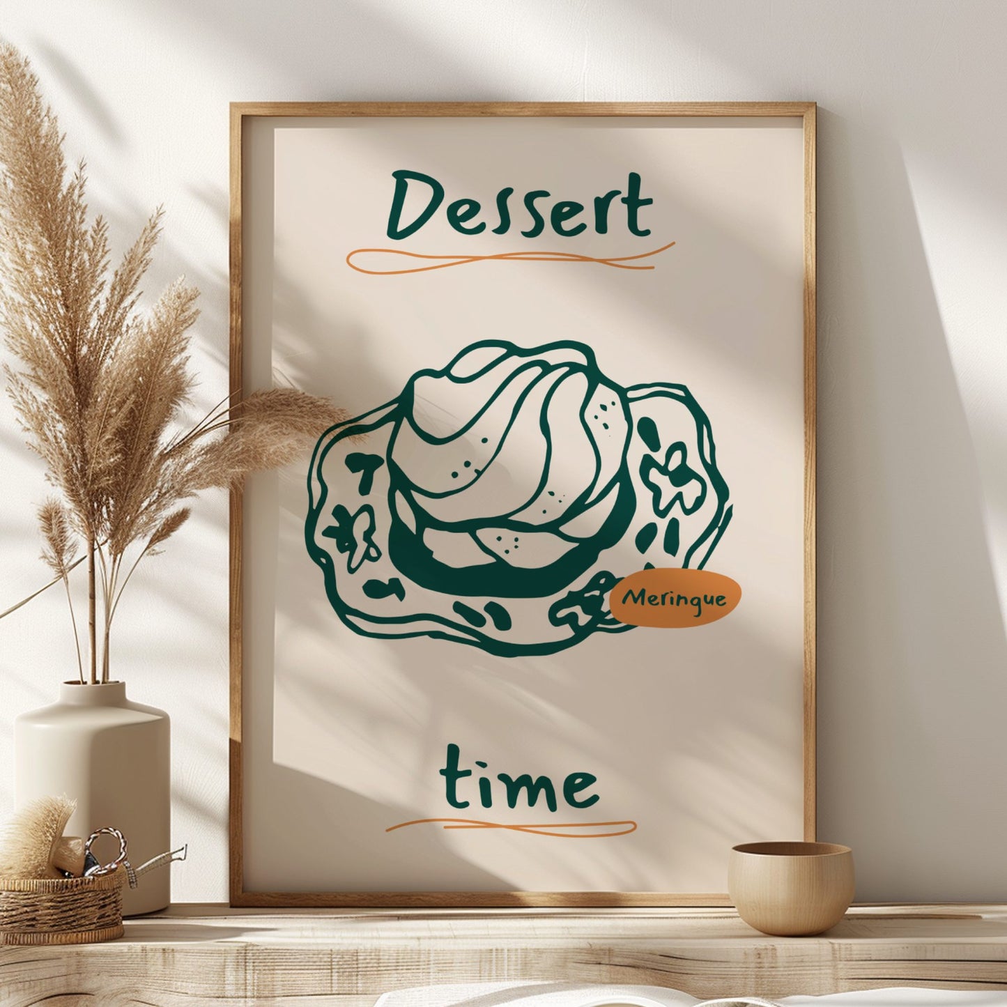 Framed artwork with a dessert illustration and text on a wall with decorative elements.
