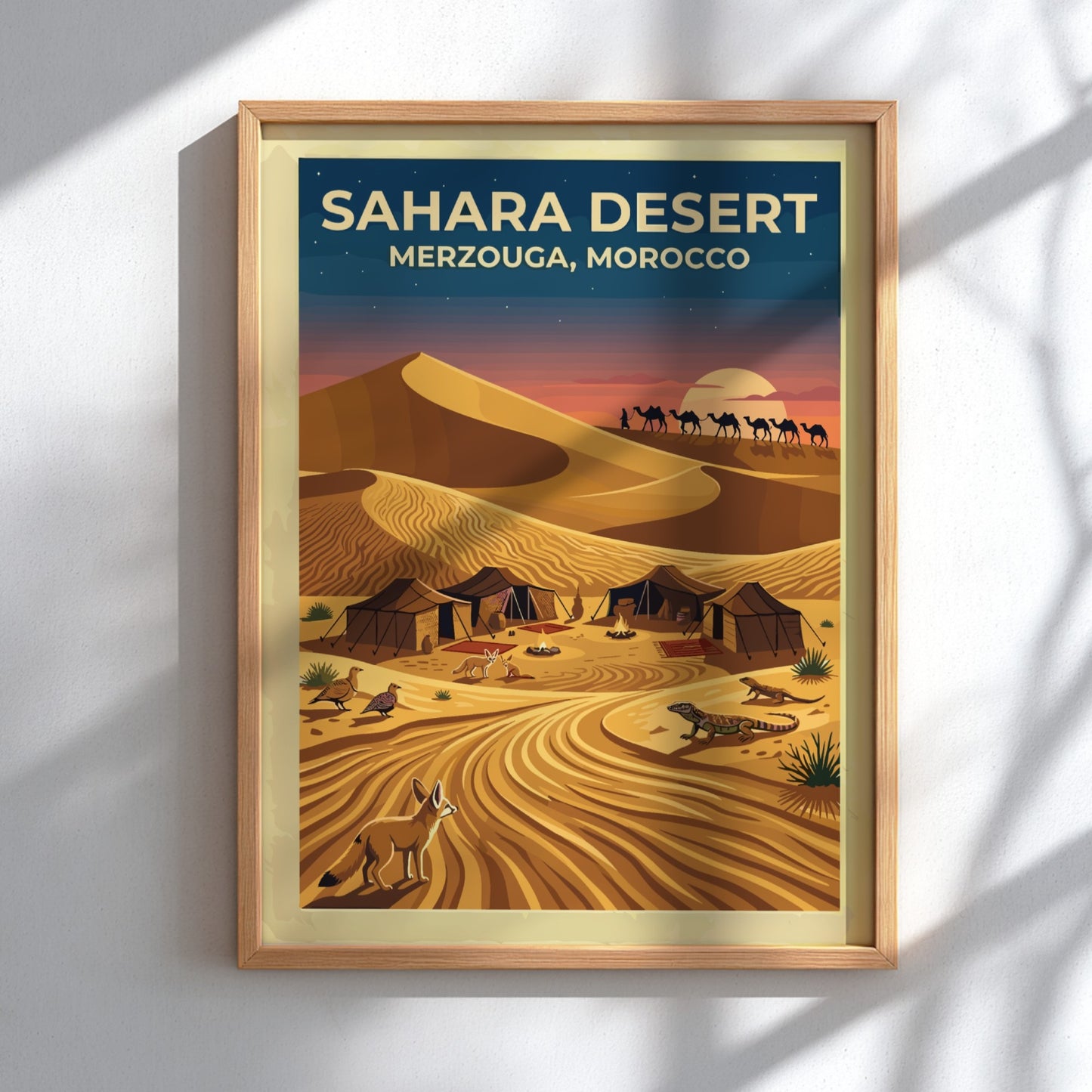 Travel poster featuring Sahara Desert dunes in Merzouga Morocco with camels and wildlife.