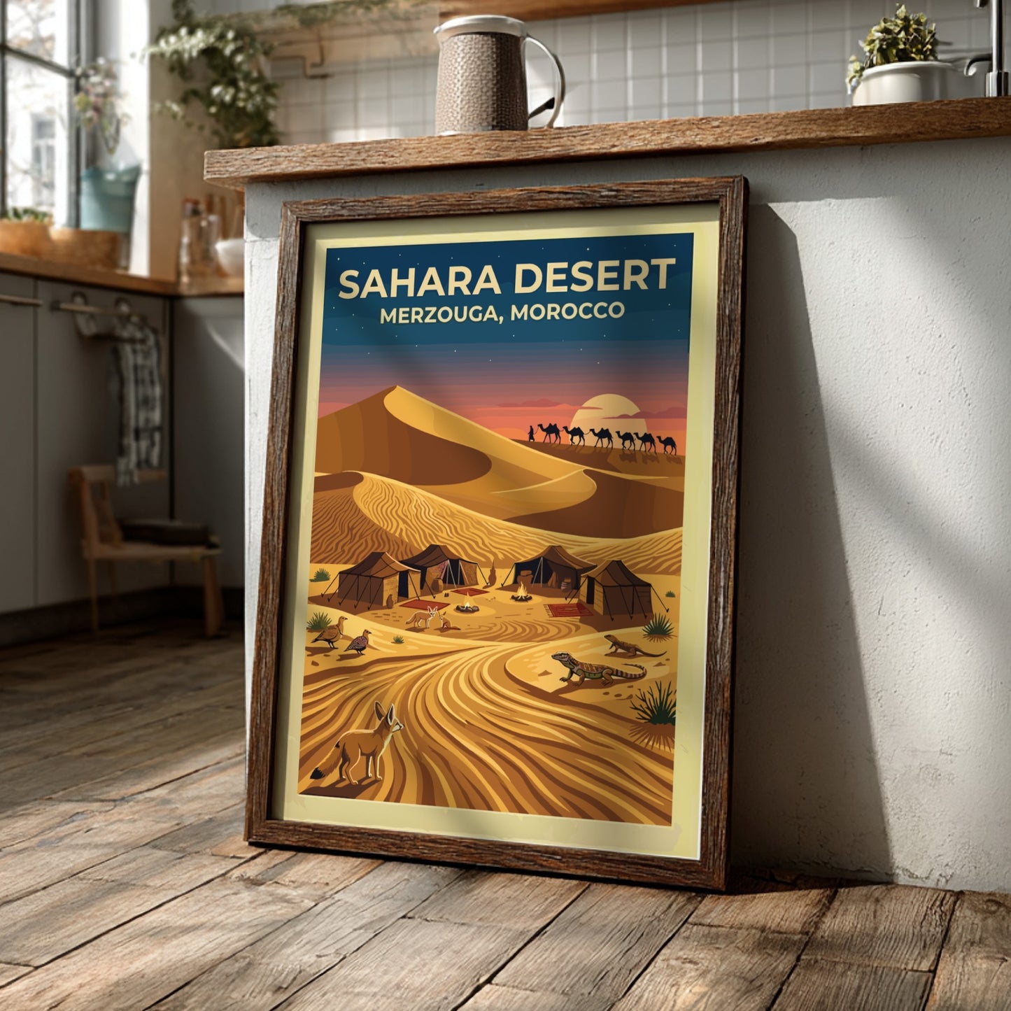 Travel poster featuring Sahara Desert dunes in Merzouga Morocco with camels and wildlife.
