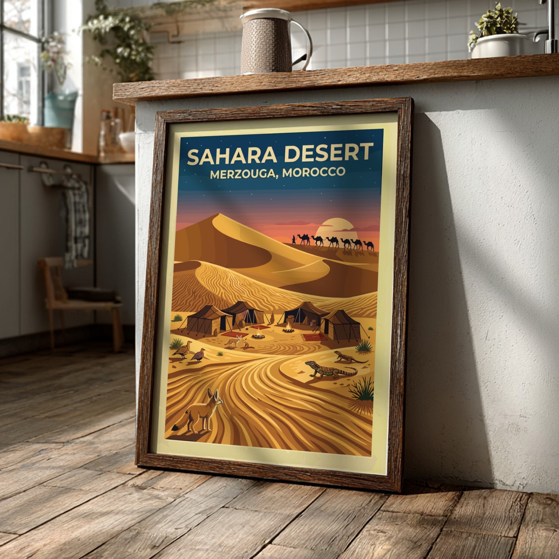Travel poster featuring Sahara Desert dunes in Merzouga Morocco with camels and wildlife.