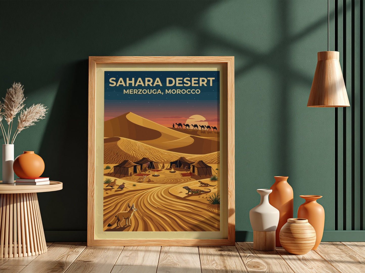 Travel poster featuring Sahara Desert dunes in Merzouga Morocco with camels and wildlife.