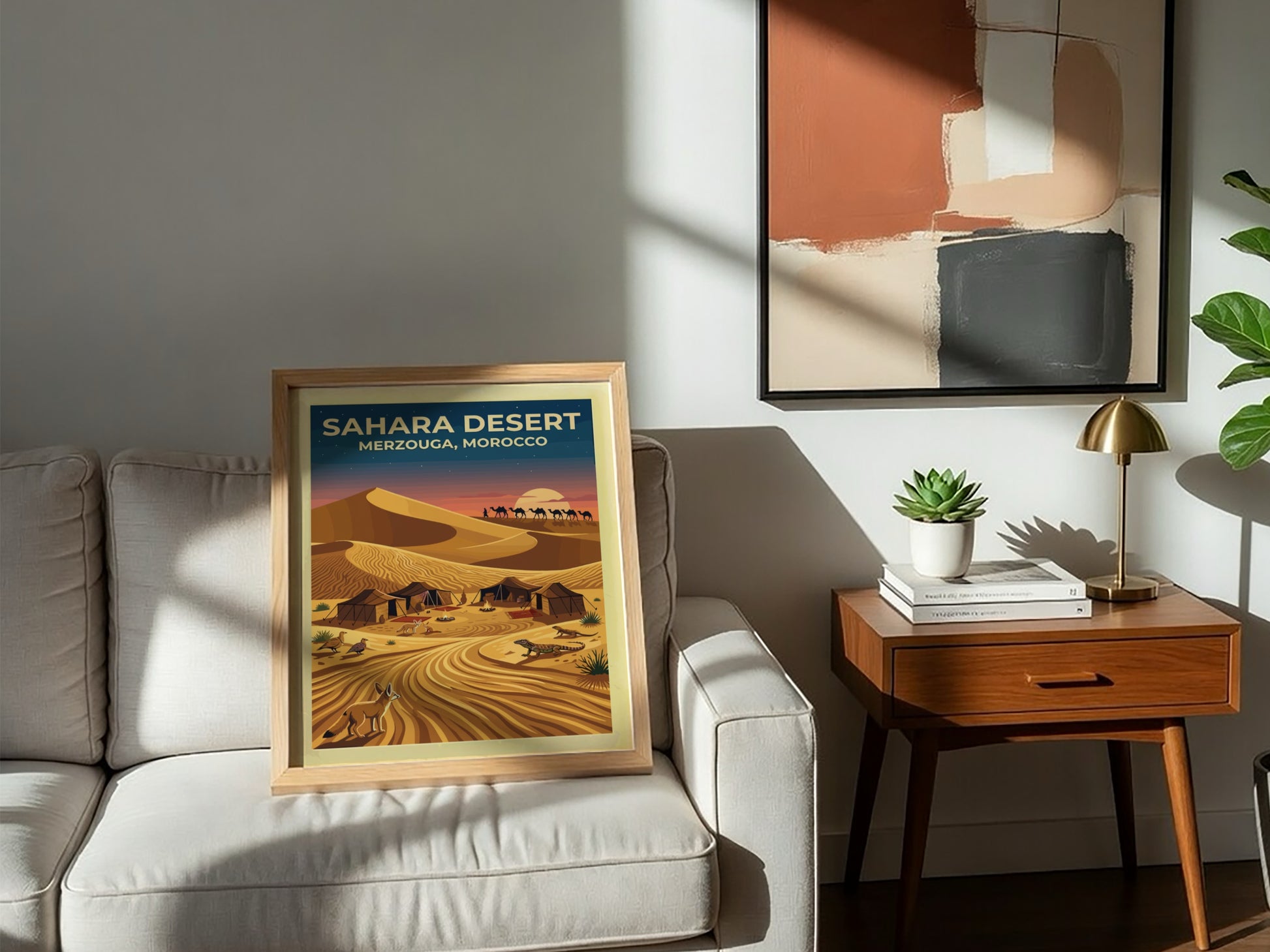 Travel poster featuring Sahara Desert dunes in Merzouga Morocco with camels and wildlife.