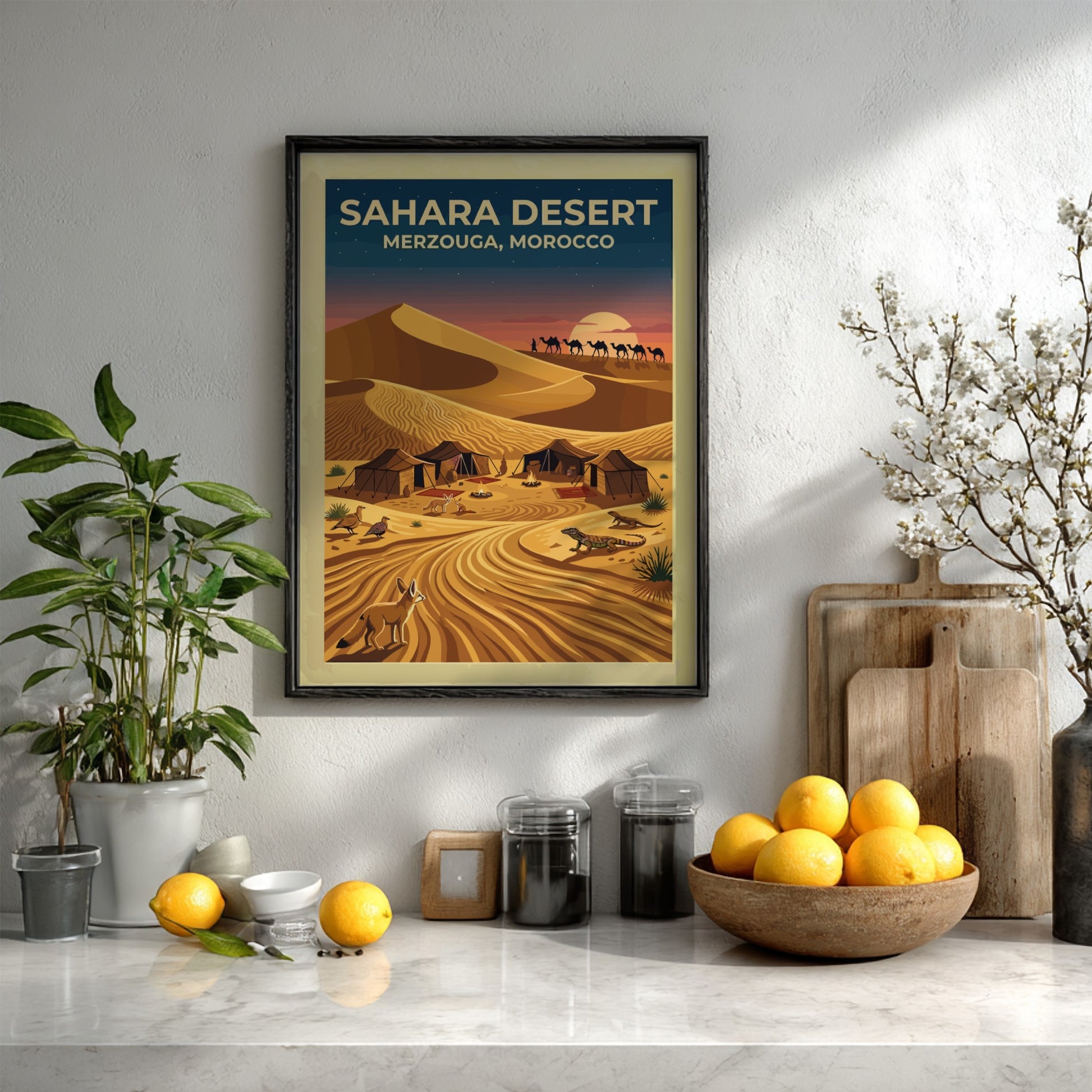 Travel poster featuring Sahara Desert dunes in Merzouga Morocco with camels and wildlife.