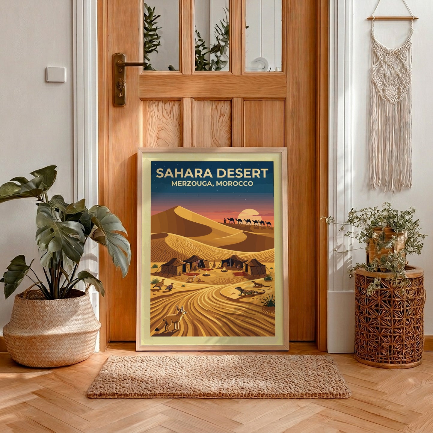 Travel poster featuring Sahara Desert dunes in Merzouga Morocco with camels and wildlife.