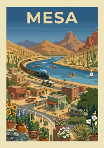 Retro illustration of a steam train by a desert river, titled Mesa. Vintage travel art.
