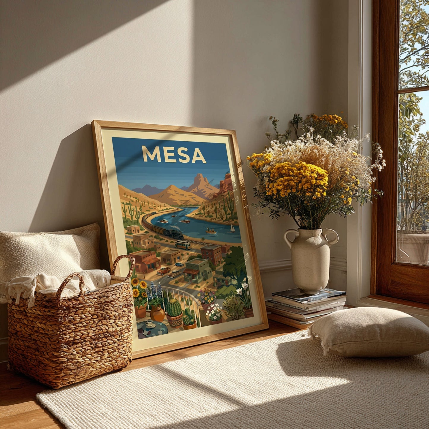 Retro illustration of a steam train by a desert river, titled Mesa. Vintage travel art.