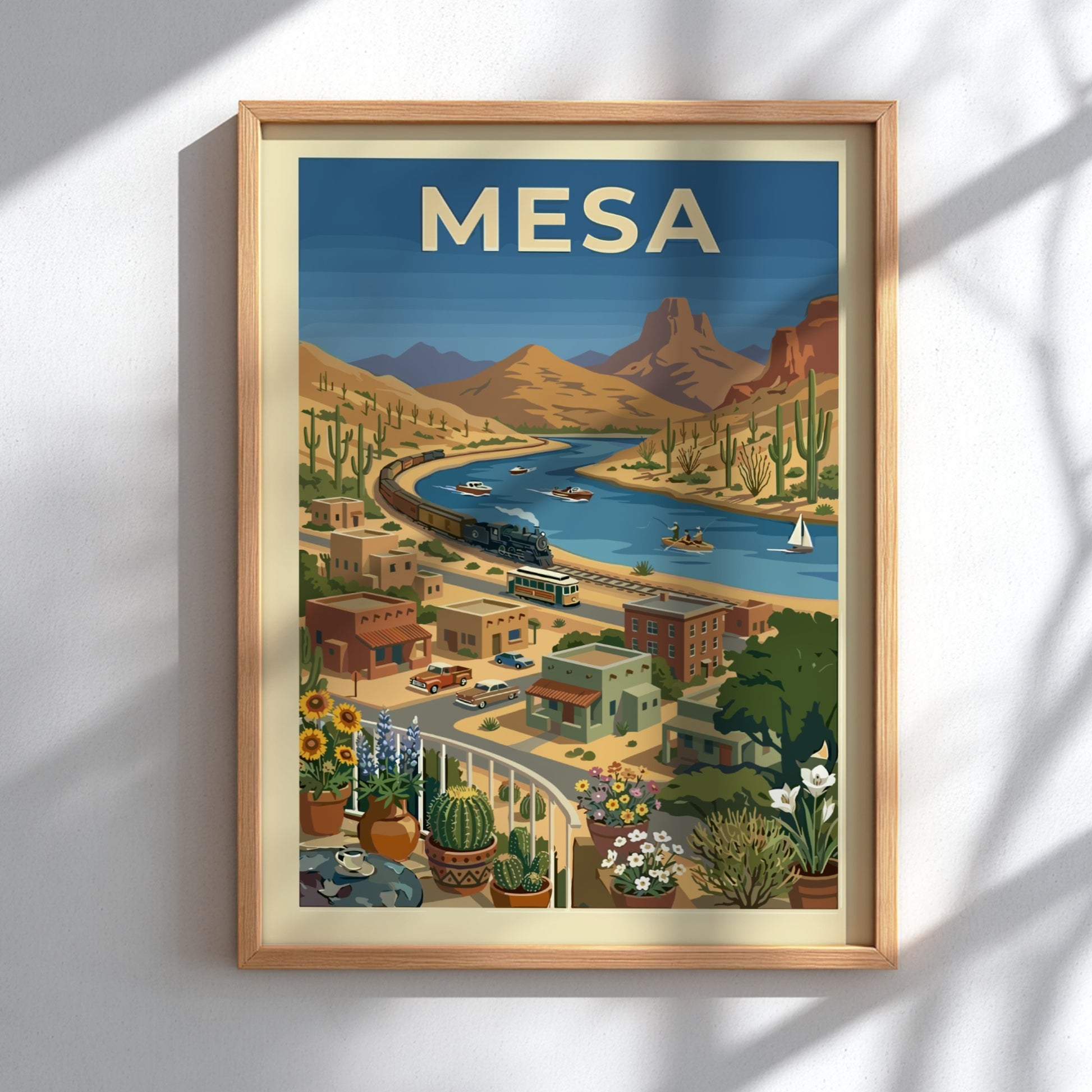 Retro illustration of a steam train by a desert river, titled Mesa. Vintage travel art.