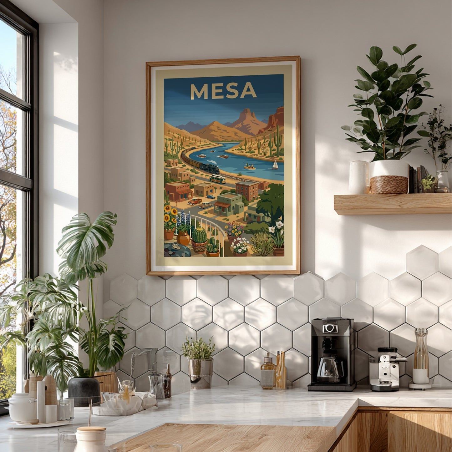Retro illustration of a steam train by a desert river, titled Mesa. Vintage travel art.