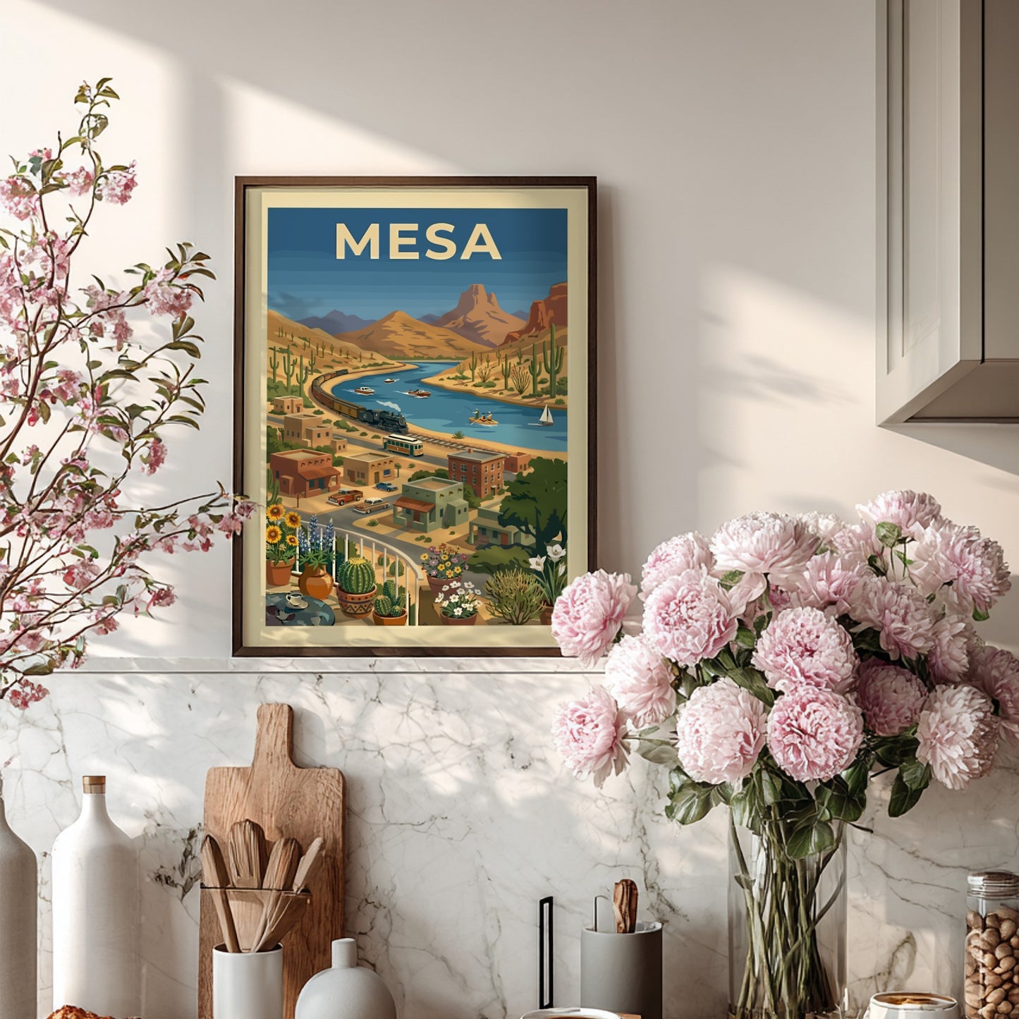 Retro illustration of a steam train by a desert river, titled Mesa. Vintage travel art.