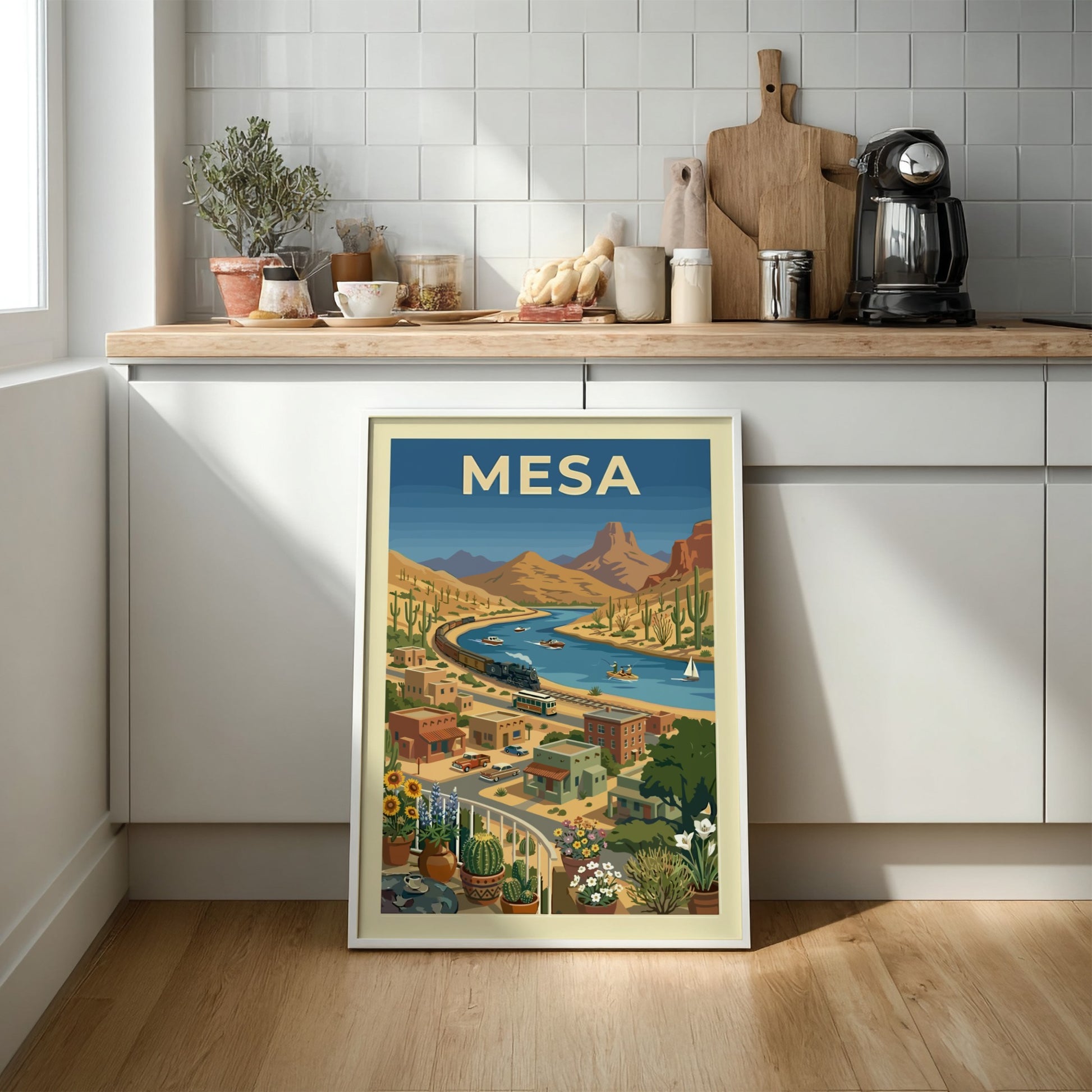 Retro illustration of a steam train by a desert river, titled Mesa. Vintage travel art.