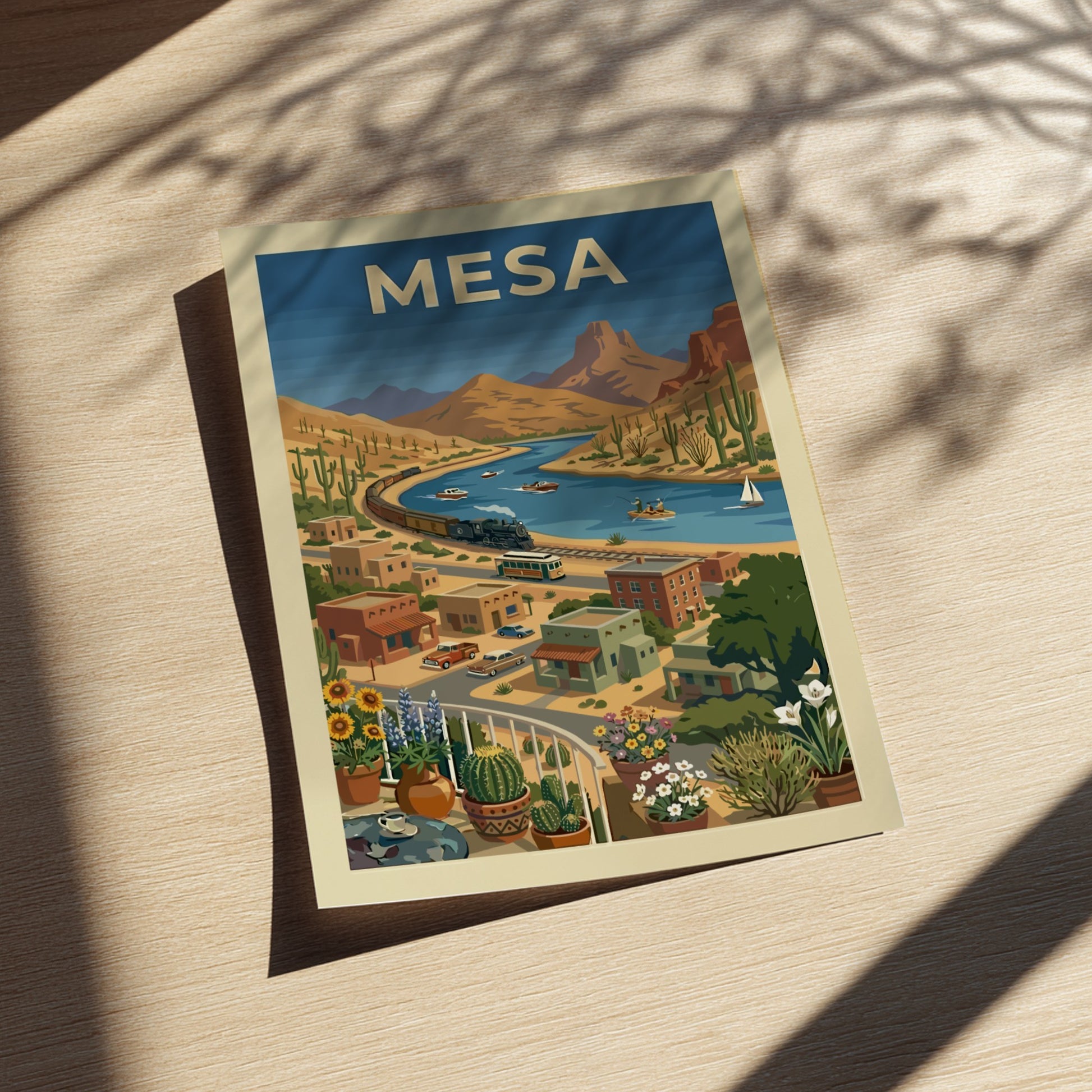 Retro illustration of a steam train by a desert river, titled Mesa. Vintage travel art.