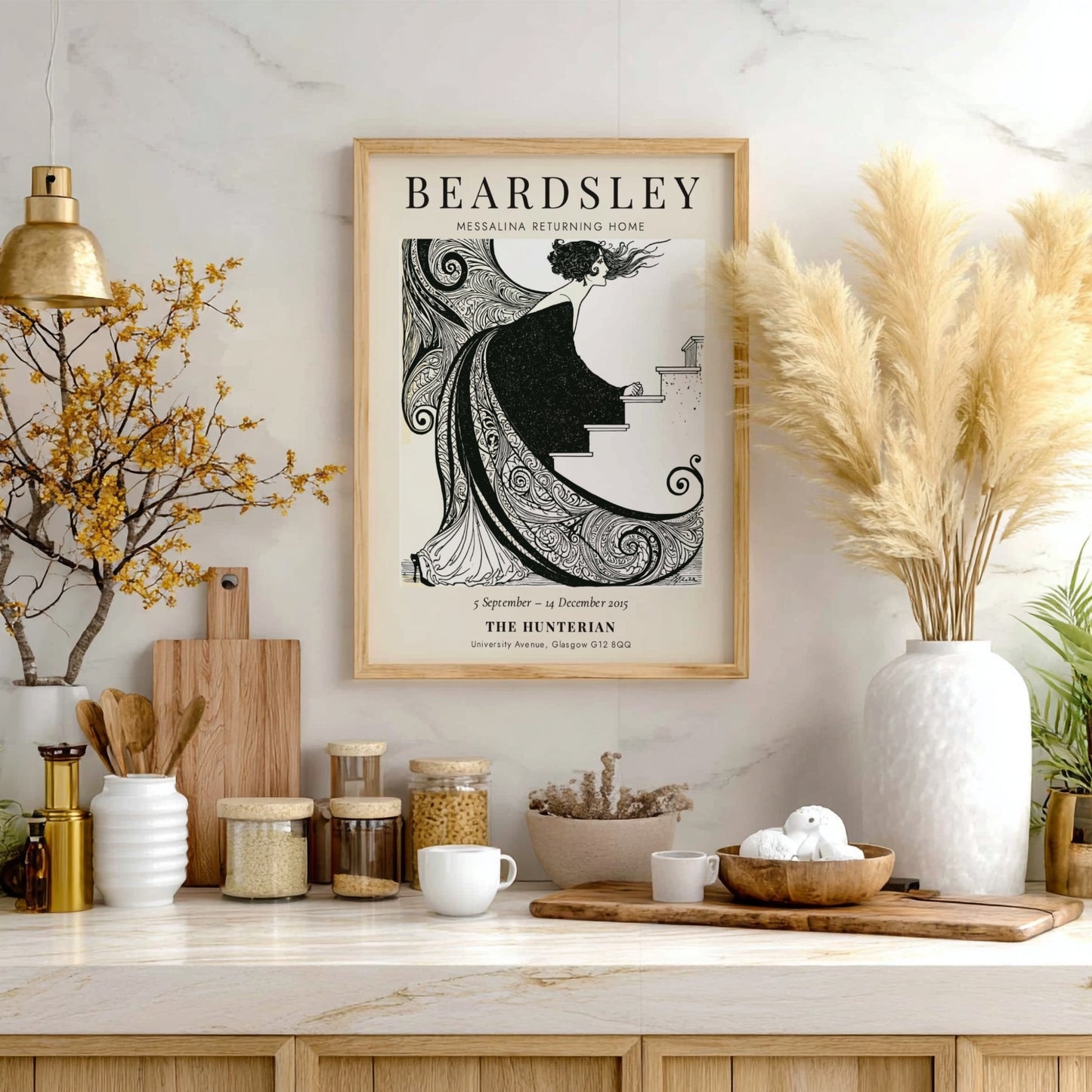 Aubrey Beardsley poster featuring Messalina Returning Home with intricate black and white design