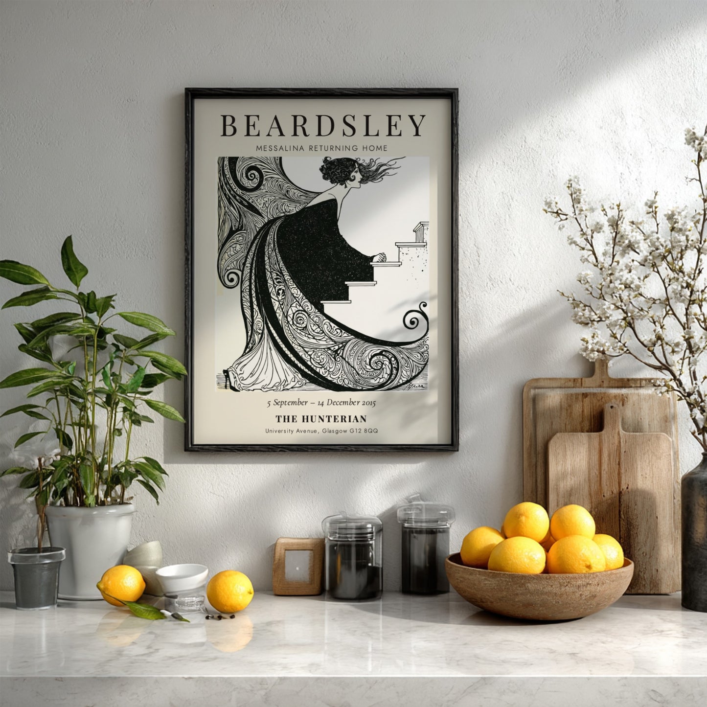 Aubrey Beardsley poster featuring Messalina Returning Home with intricate black and white design