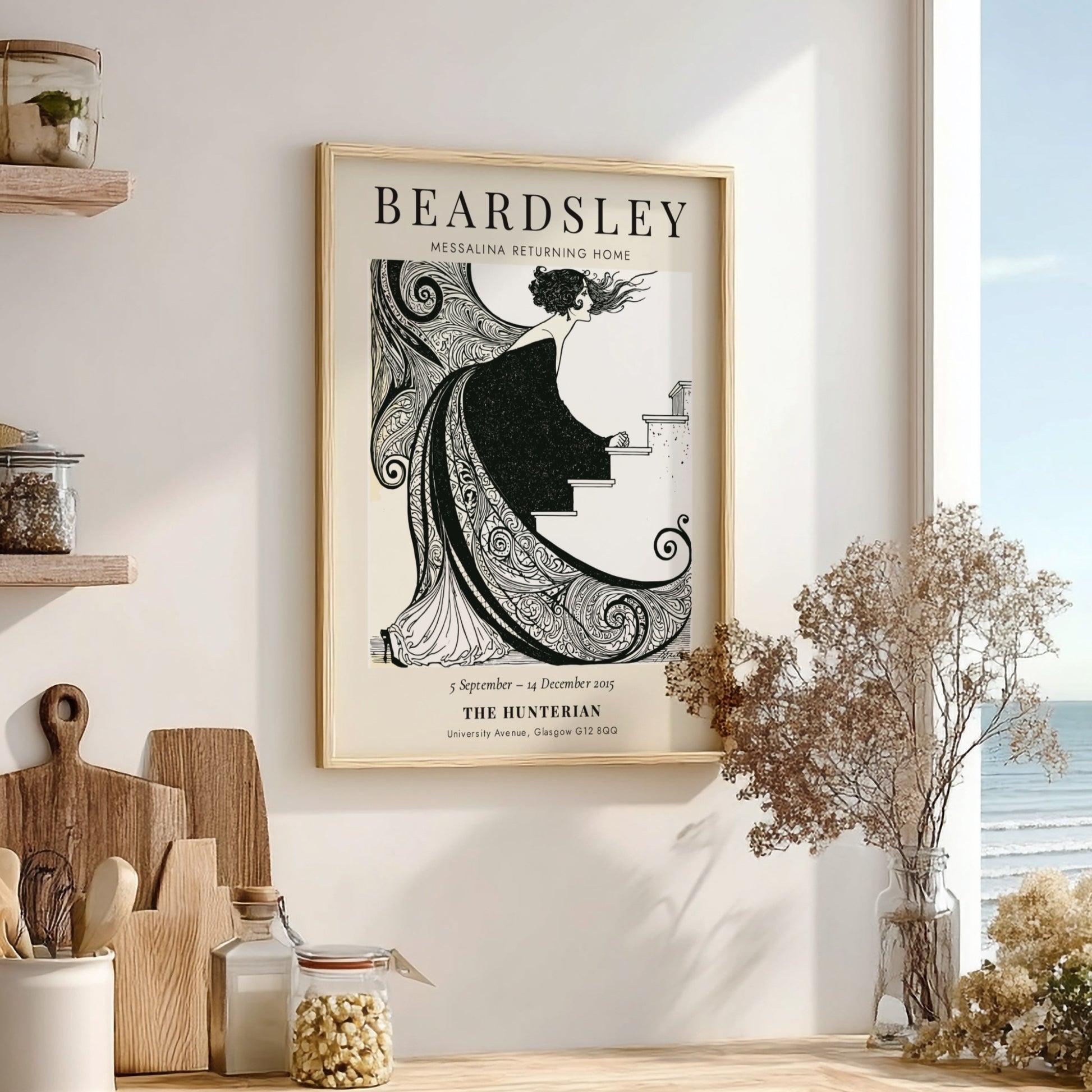 Aubrey Beardsley poster featuring Messalina Returning Home with intricate black and white design