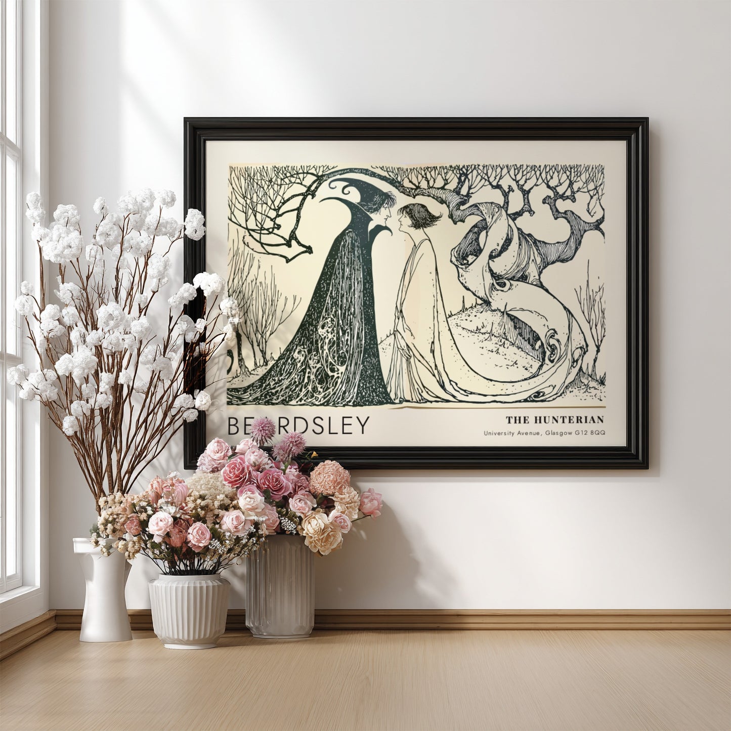 Wall art poster of Aubrey Beardsley Messalina Returning Home with stark black ink lines.