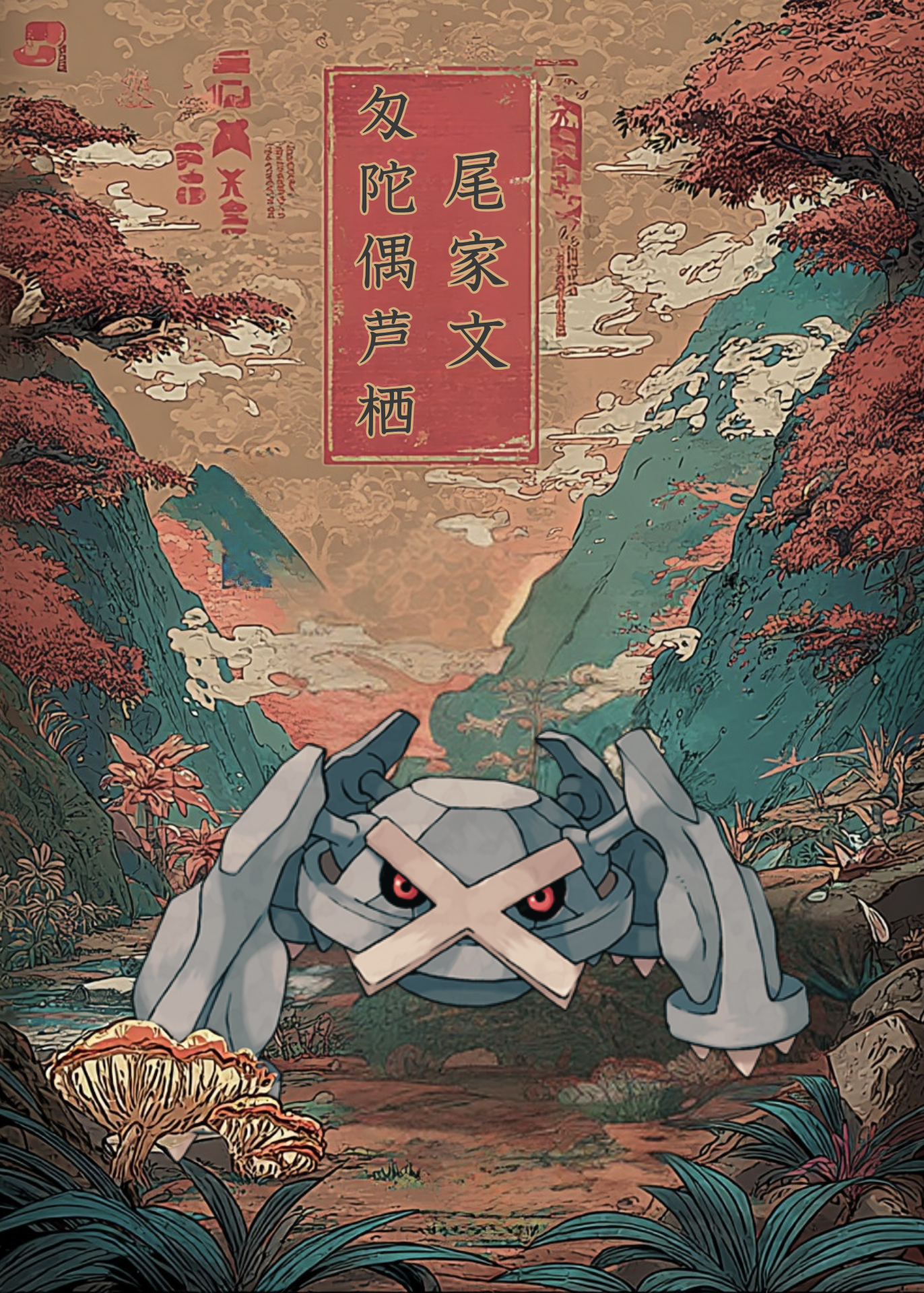 Metagross Pokemon in a stylized landscape with mountains and trees.