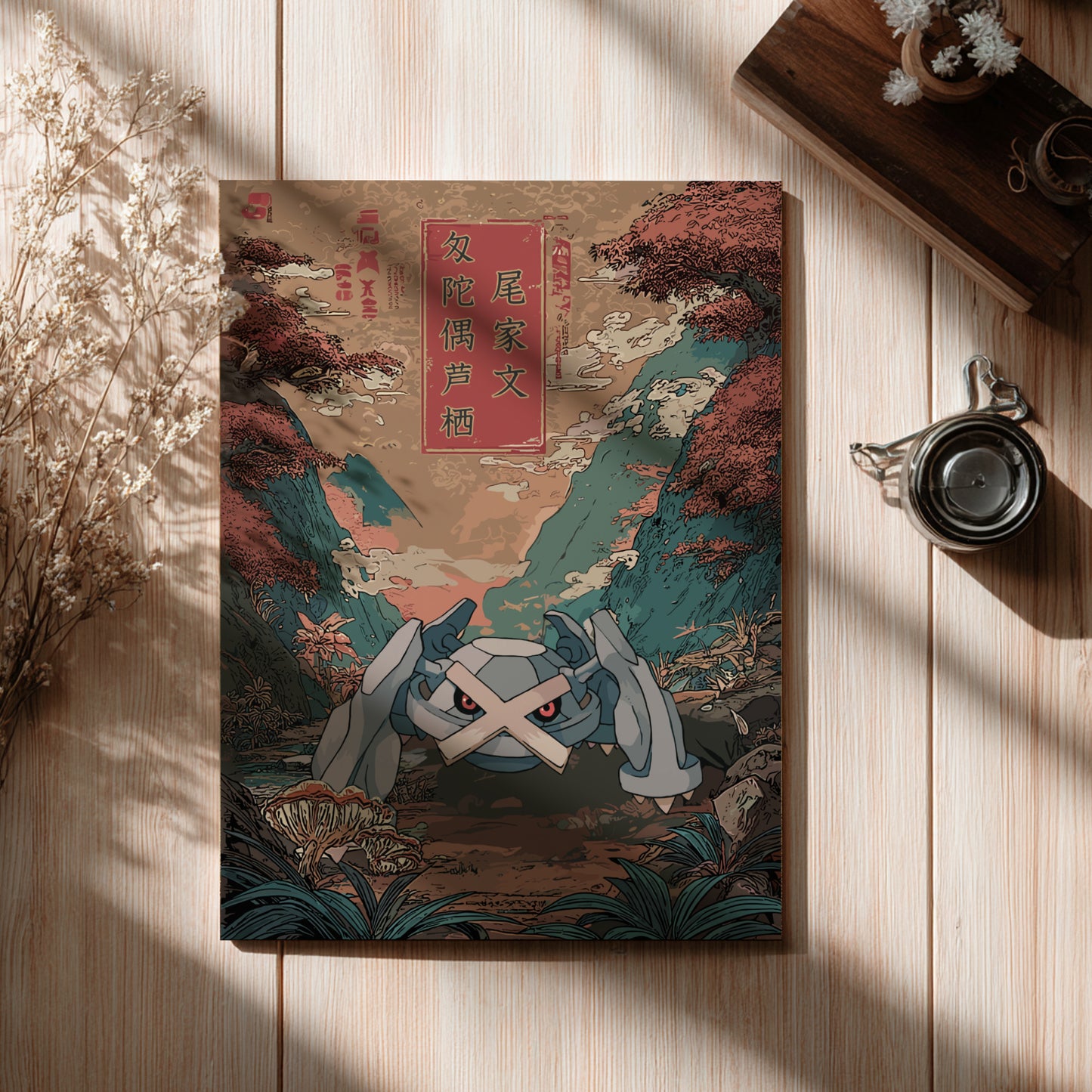 Decorative poster with a Metagross Pokemon design on a wooden surface