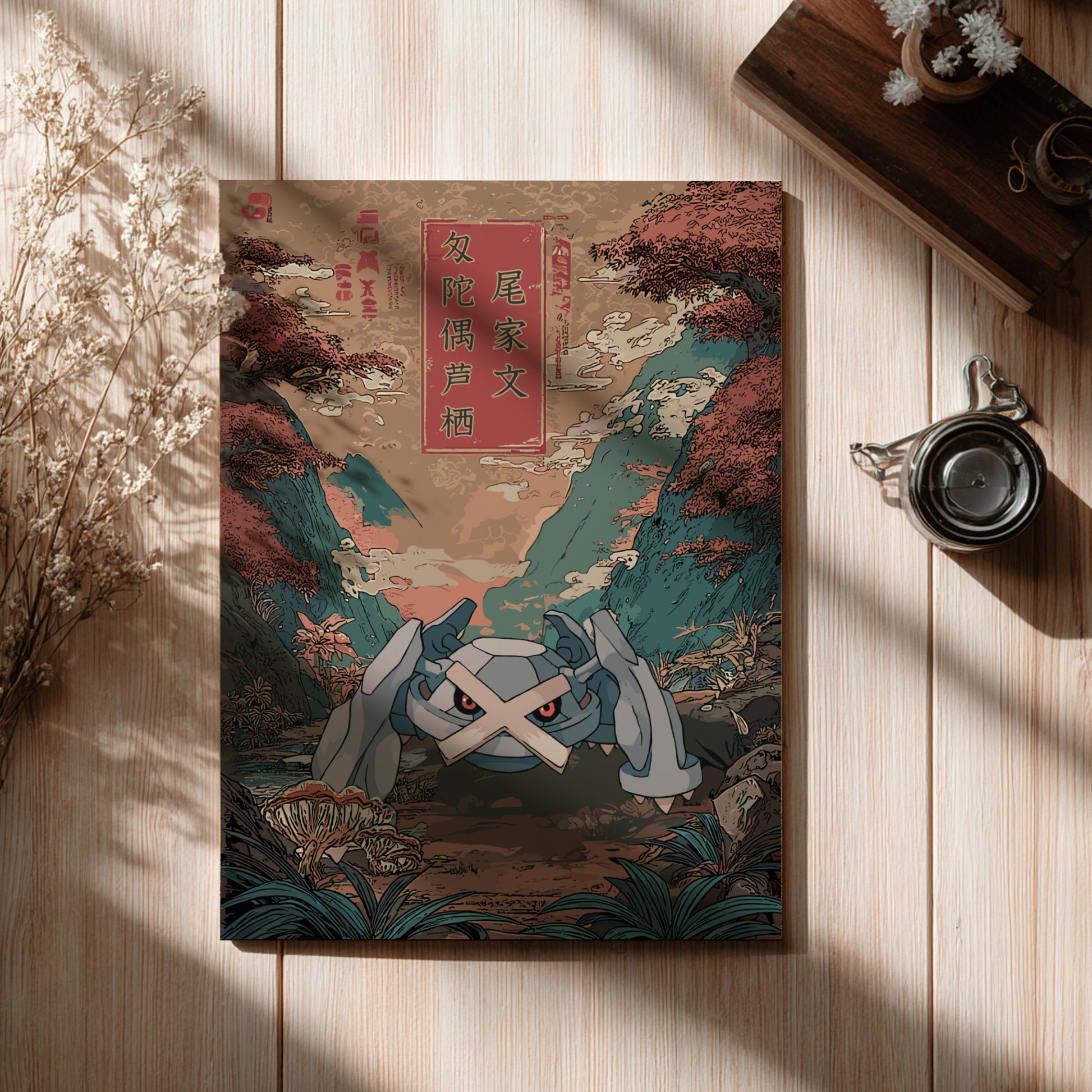 Decorative poster with a Metagross Pokemon design on a wooden surface