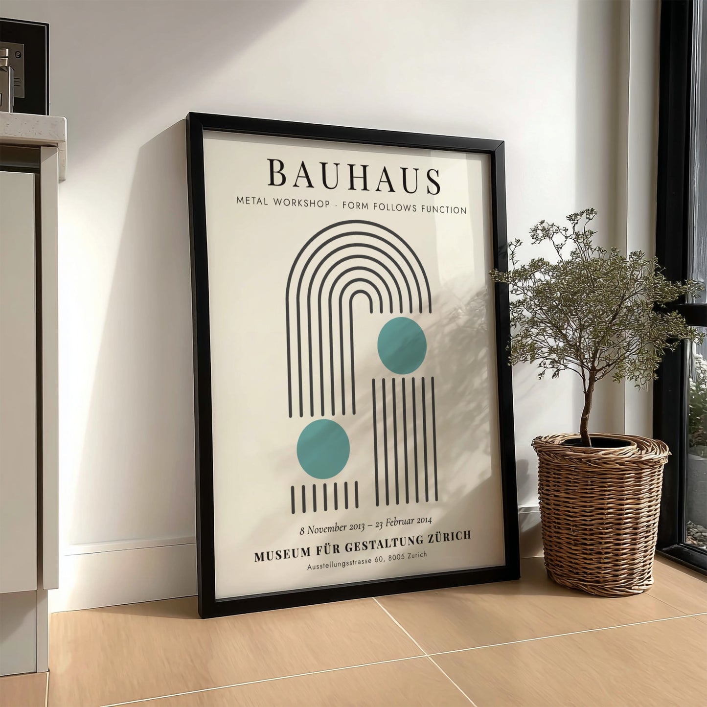Bauhaus poster featuring a metal workshop design with geometric shapes and soothing colors