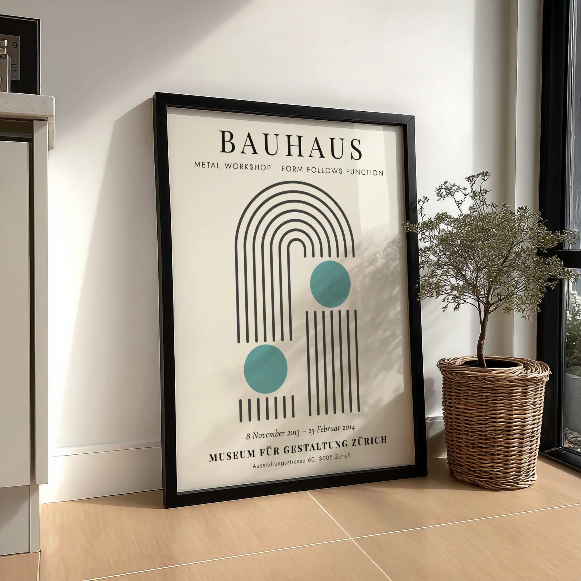 Bauhaus poster featuring a metal workshop design with geometric shapes and soothing colors