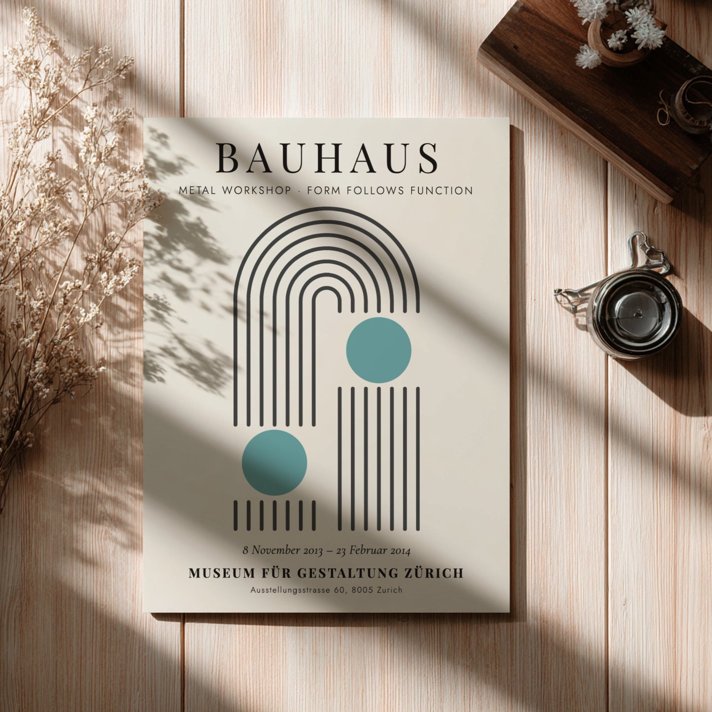 Bauhaus poster featuring a metal workshop design with geometric shapes and soothing colors