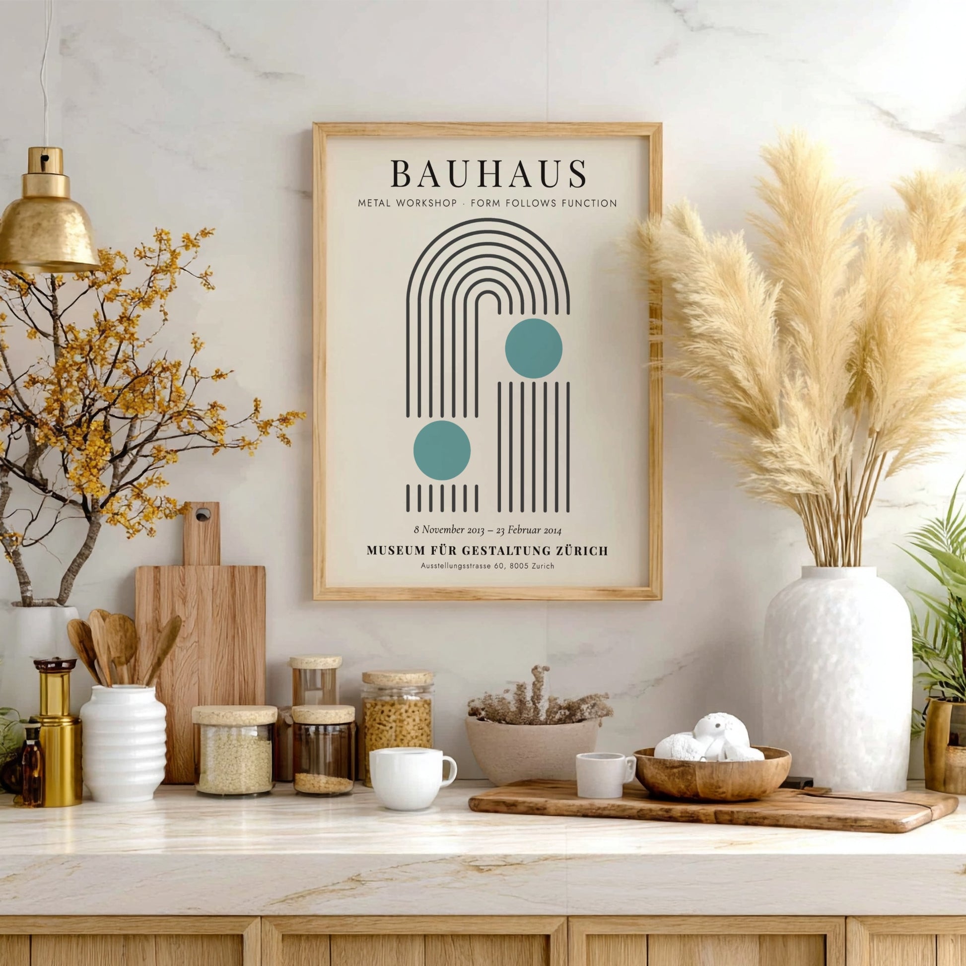 Bauhaus poster featuring a metal workshop design with geometric shapes and soothing colors