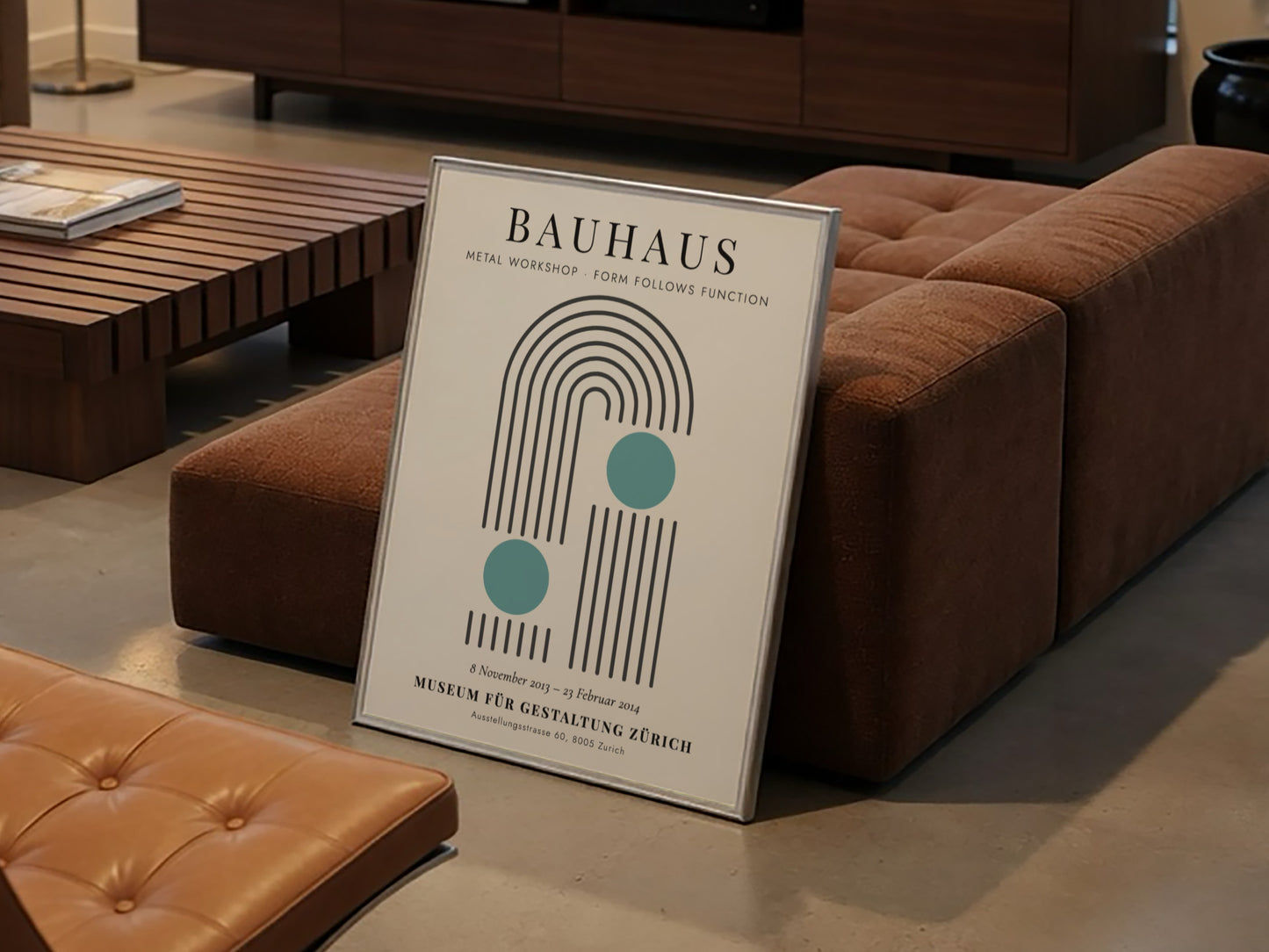 Bauhaus poster featuring a metal workshop design with geometric shapes and soothing colors