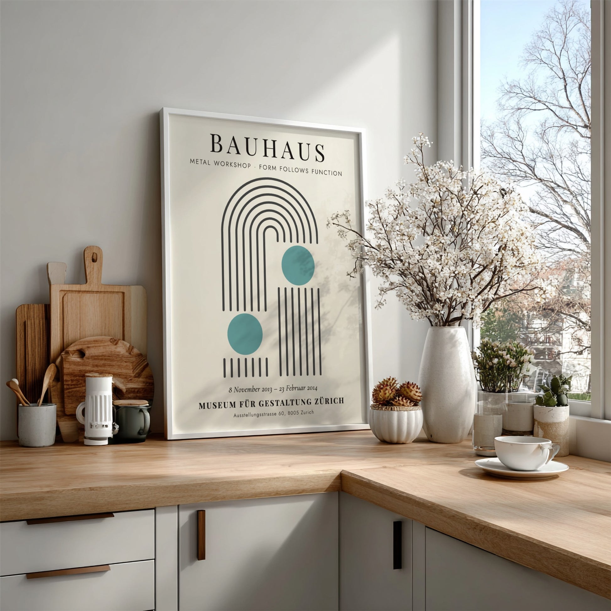 Bauhaus poster featuring a metal workshop design with geometric shapes and soothing colors
