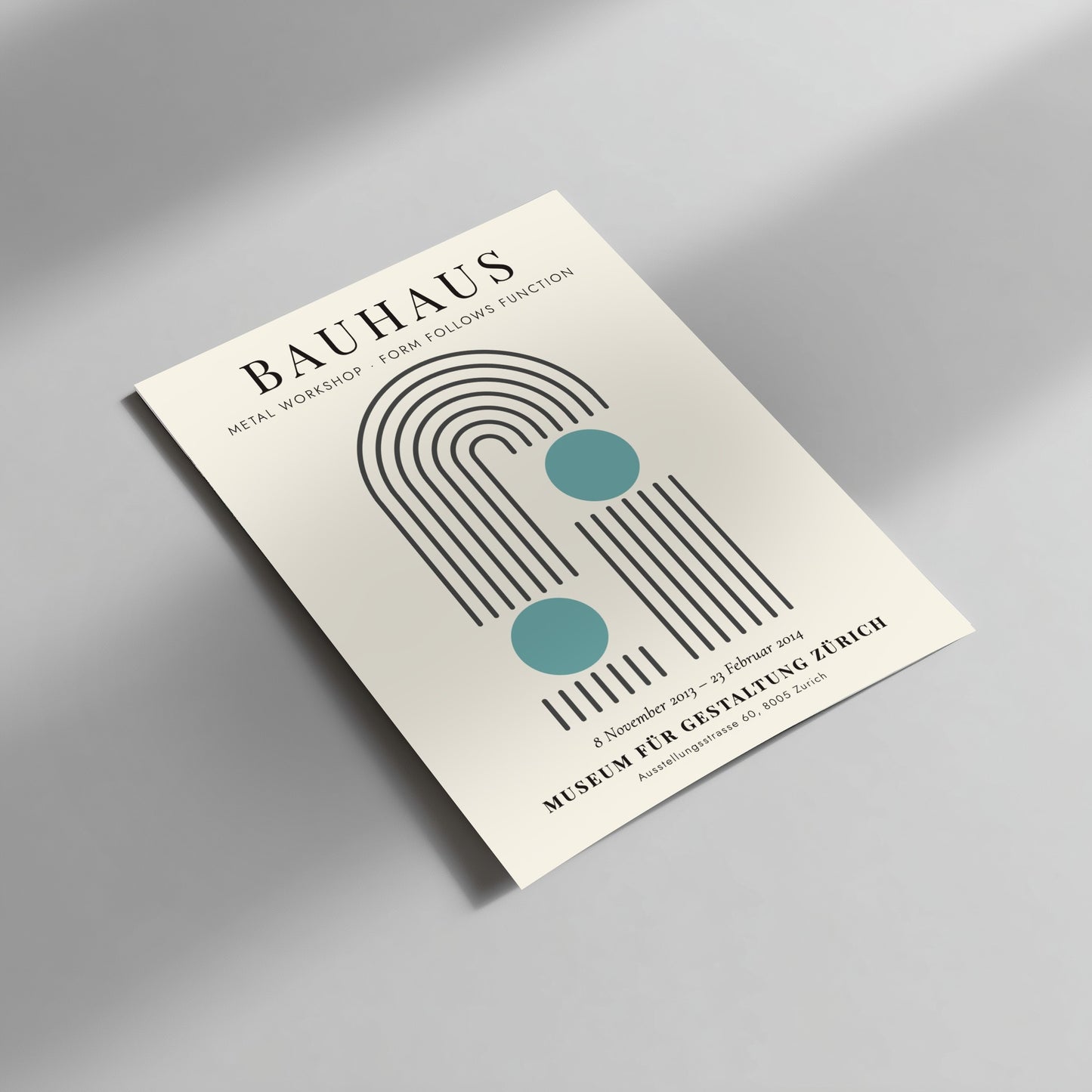 Bauhaus poster featuring a metal workshop design with geometric shapes and soothing colors