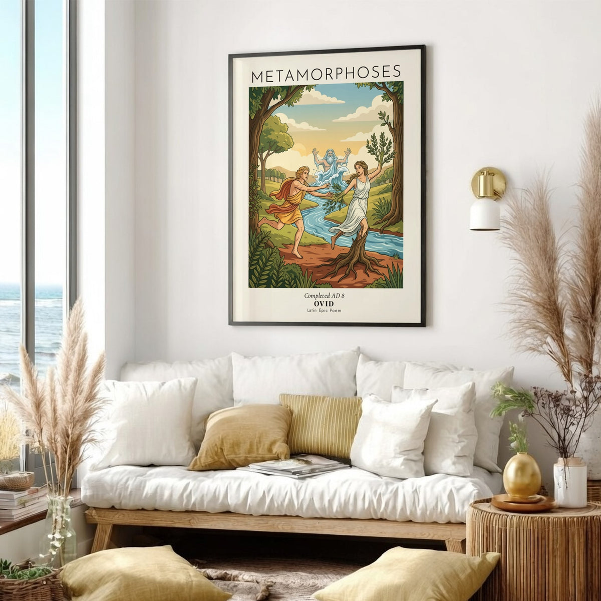 Poster featuring Ovid Metamorphoses text with a mythic illustration of Daphne transforming into wood.