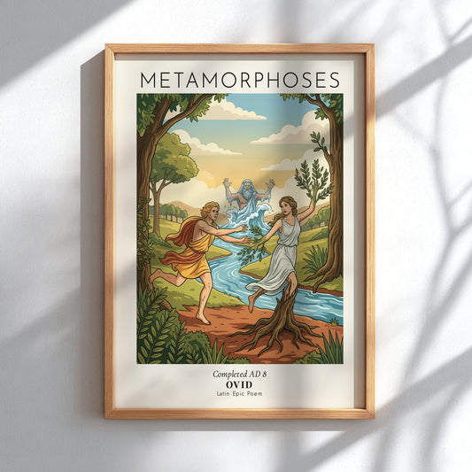 Poster featuring Ovid Metamorphoses text with a mythic illustration of Daphne transforming into wood.