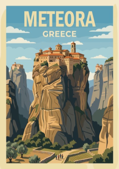 Poster featuring the Meteora monasteries in Greece atop tall cliffs under a blue sky