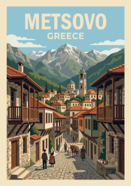 Poster of Metsovo Greece featuring a stone village, mountain peaks, and local figures.