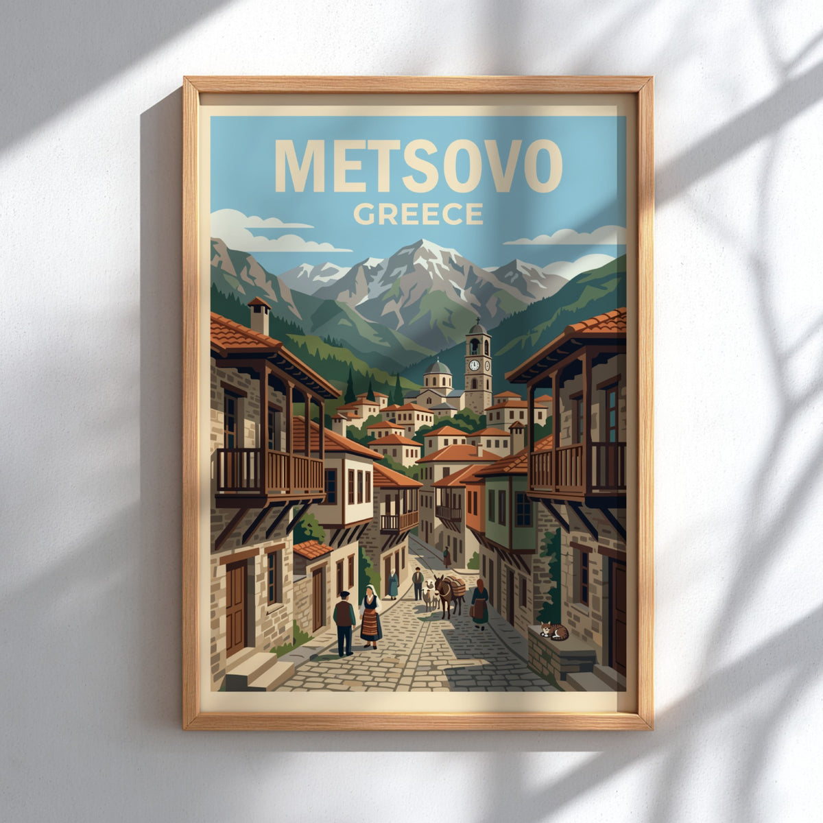 Poster of Metsovo Greece featuring a stone village, mountain peaks, and local figures.