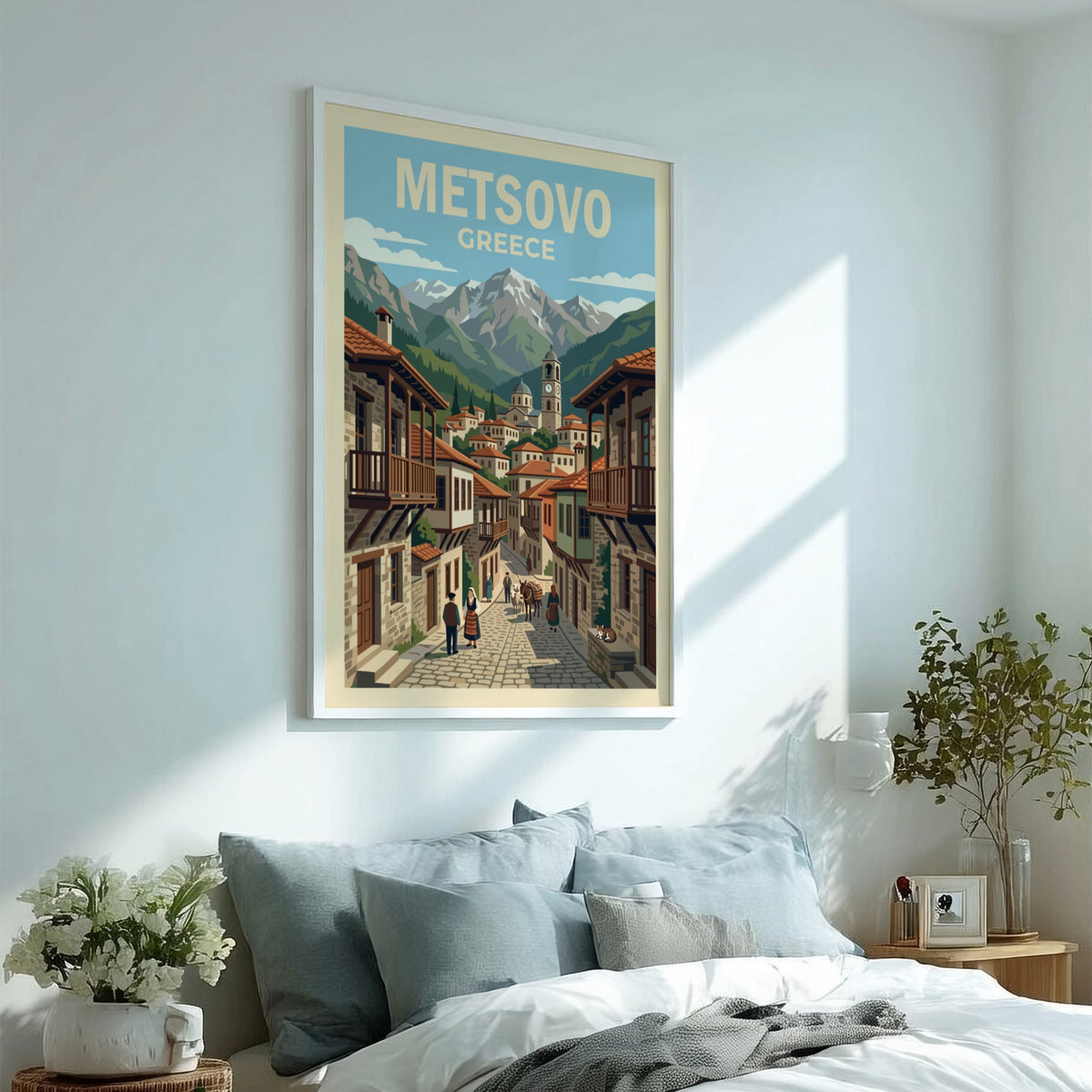 Poster of Metsovo Greece featuring a stone village, mountain peaks, and local figures.