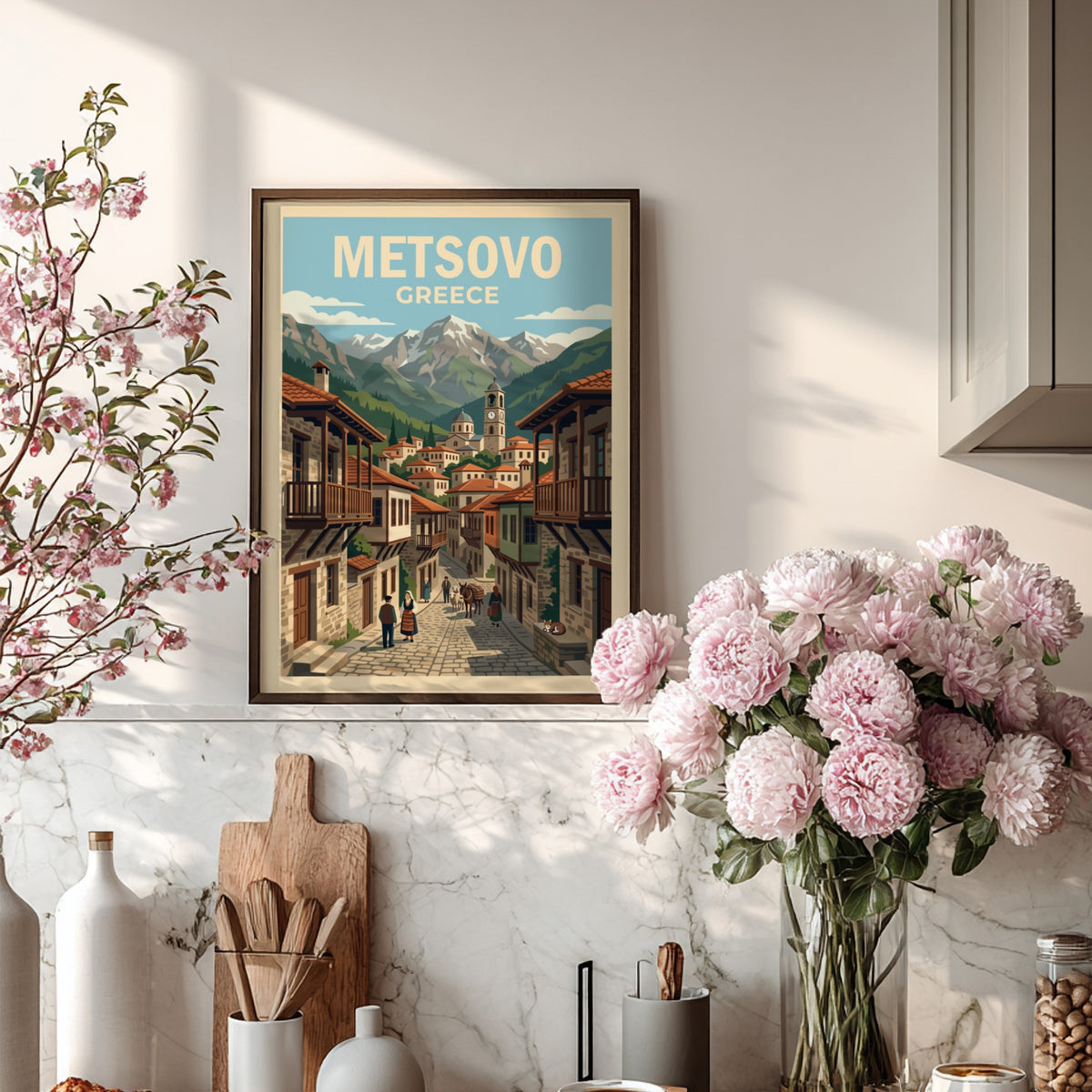 Poster of Metsovo Greece featuring a stone village, mountain peaks, and local figures.